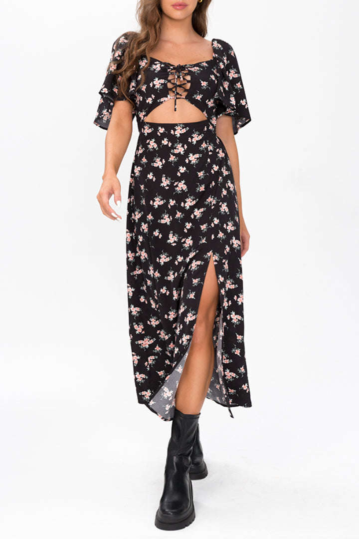 Floral Tie Front Midi Dress - Y2K Aesthetic Cute Dress for Coquette and Grunge Styles Floral Tie Front Midi Dress - Y2K Aesthetic Cute Dress for Coquette and Grunge Styles
