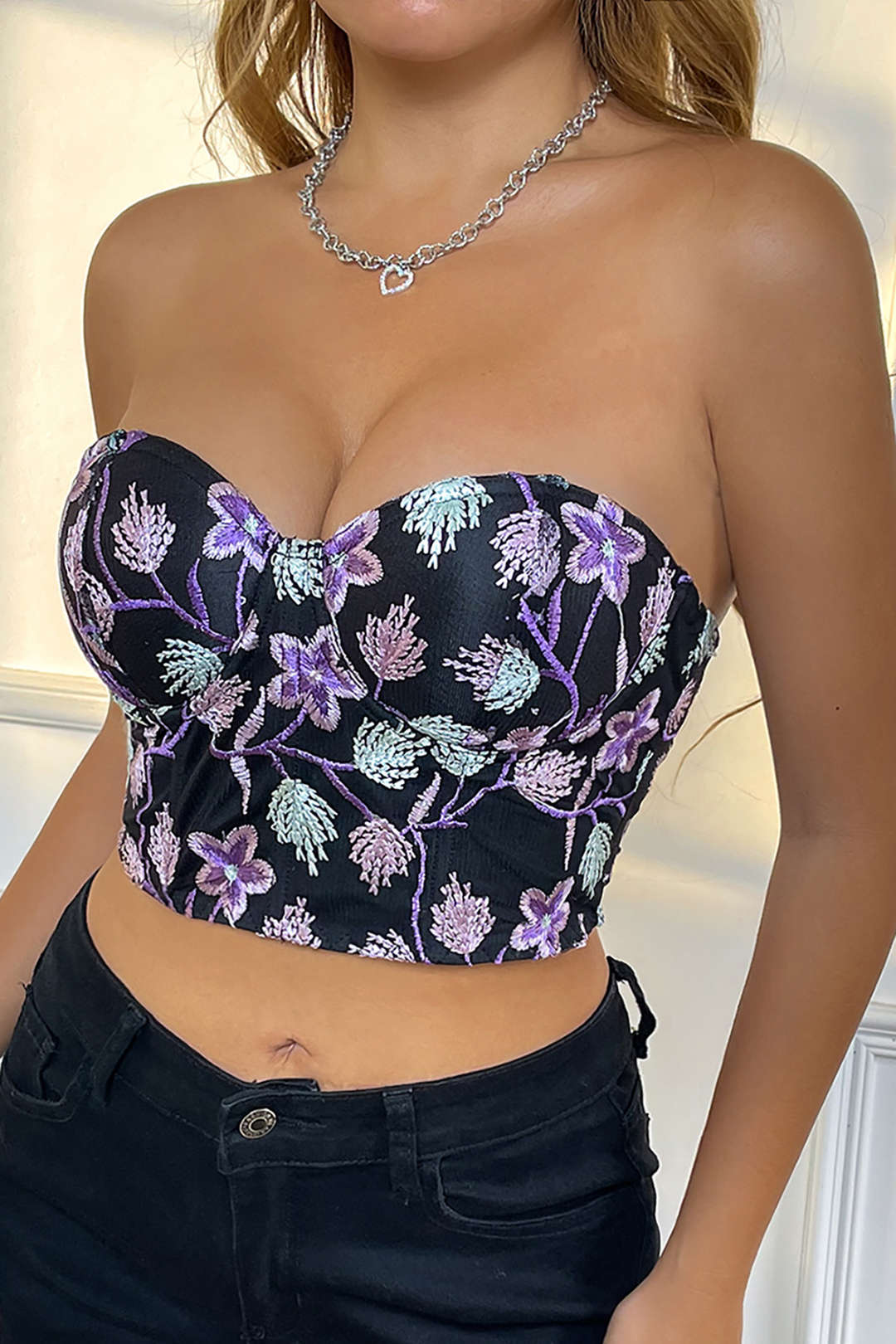 Flower Embroidery Tie Back Bustier Tube Top - Y2K Aesthetic Cute Crop Top for Stylish Outfits Flower Embroidery Tie Back Bustier Tube Top - Y2K Aesthetic Cute Crop Top for Stylish Outfits