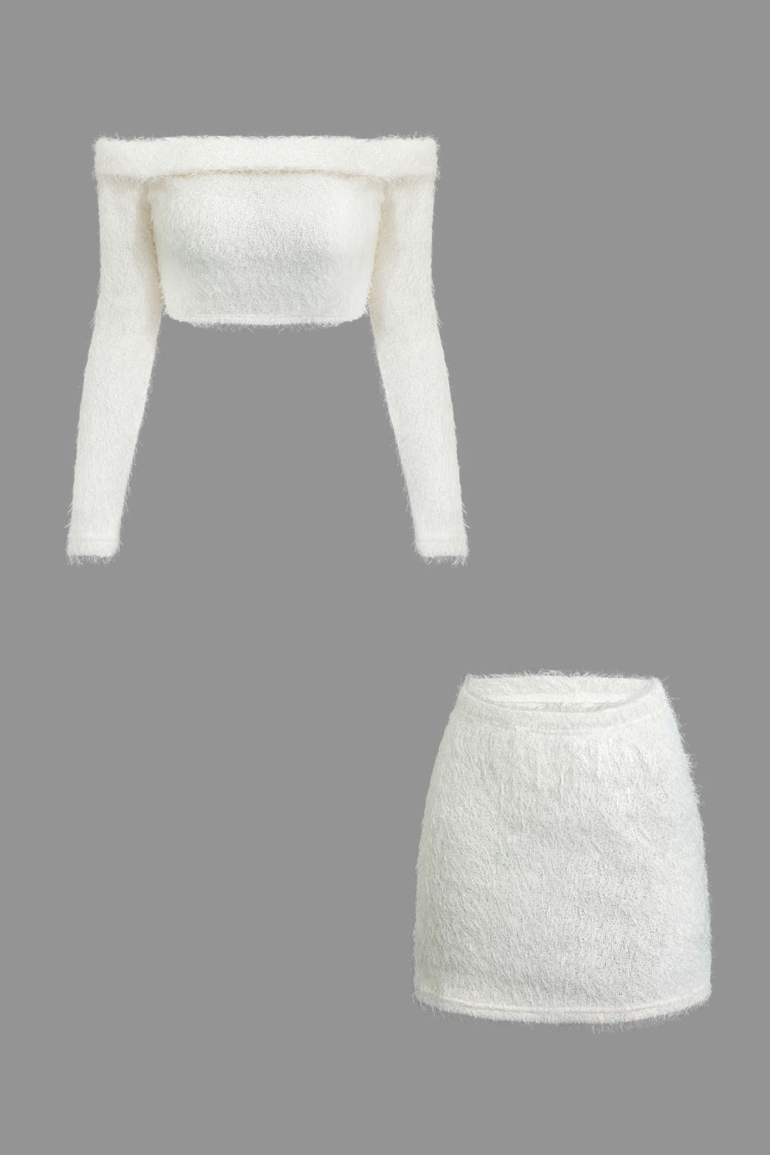 Fluffy Solid Off-The-Shoulder Crop Top & Mini Skirt Set for Y2K Aesthetic Outfits Fluffy Solid Off-The-Shoulder Crop Top & Mini Skirt Set for Y2K Aesthetic Outfits