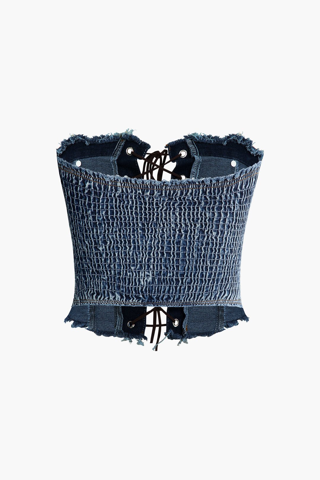 Frayed Trim Denim Eyelet Tie Tube Top - Y2K Fashion Cute Crop Top for Aesthetic Outfits Frayed Trim Denim Eyelet Tie Tube Top - Y2K Fashion Cute Crop Top for Aesthetic Outfits
