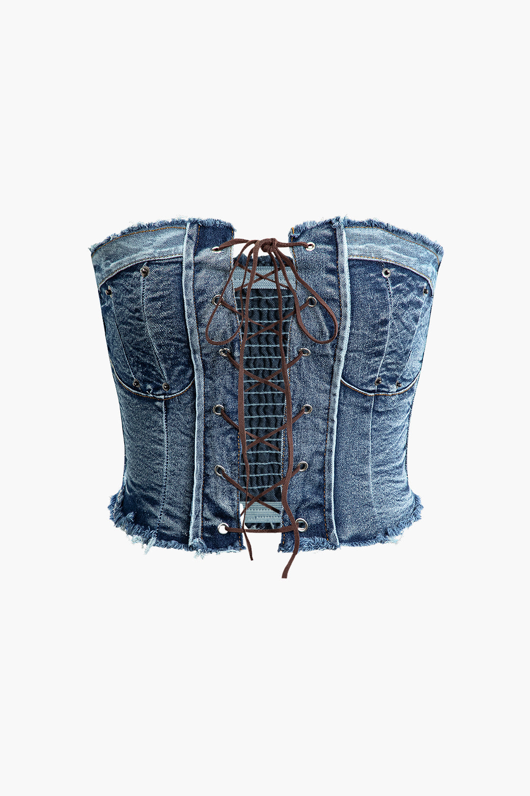 Frayed Trim Denim Eyelet Tie Tube Top - Y2K Fashion Cute Crop Top for Aesthetic Outfits Frayed Trim Denim Eyelet Tie Tube Top - Y2K Fashion Cute Crop Top for Aesthetic Outfits