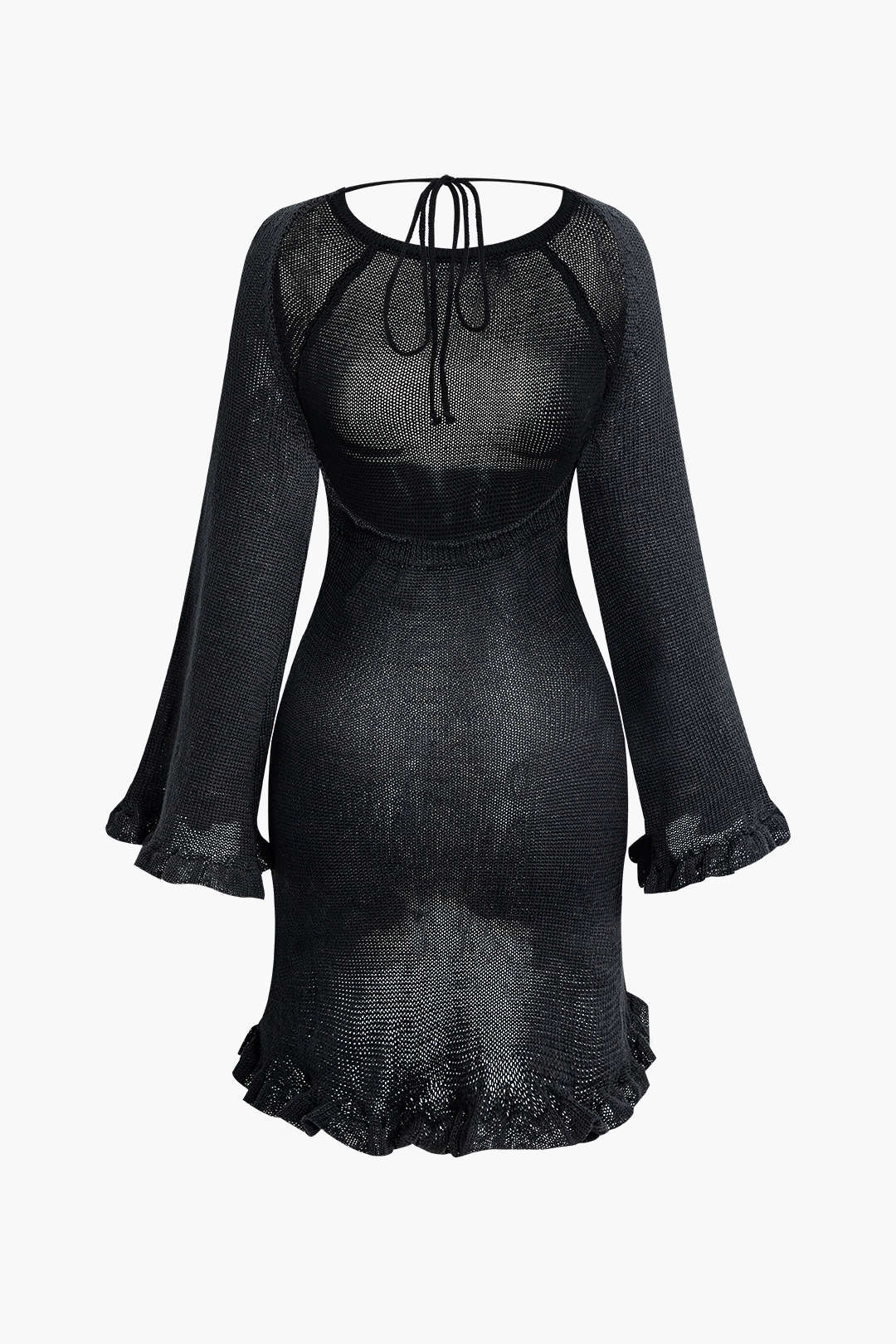 Frill Hem Backless Knit Mini Dress with Tie Bell Sleeves for Y2K Coquette Aesthetic Frill Hem Backless Knit Mini Dress with Tie Bell Sleeves for Y2K Coquette Aesthetic