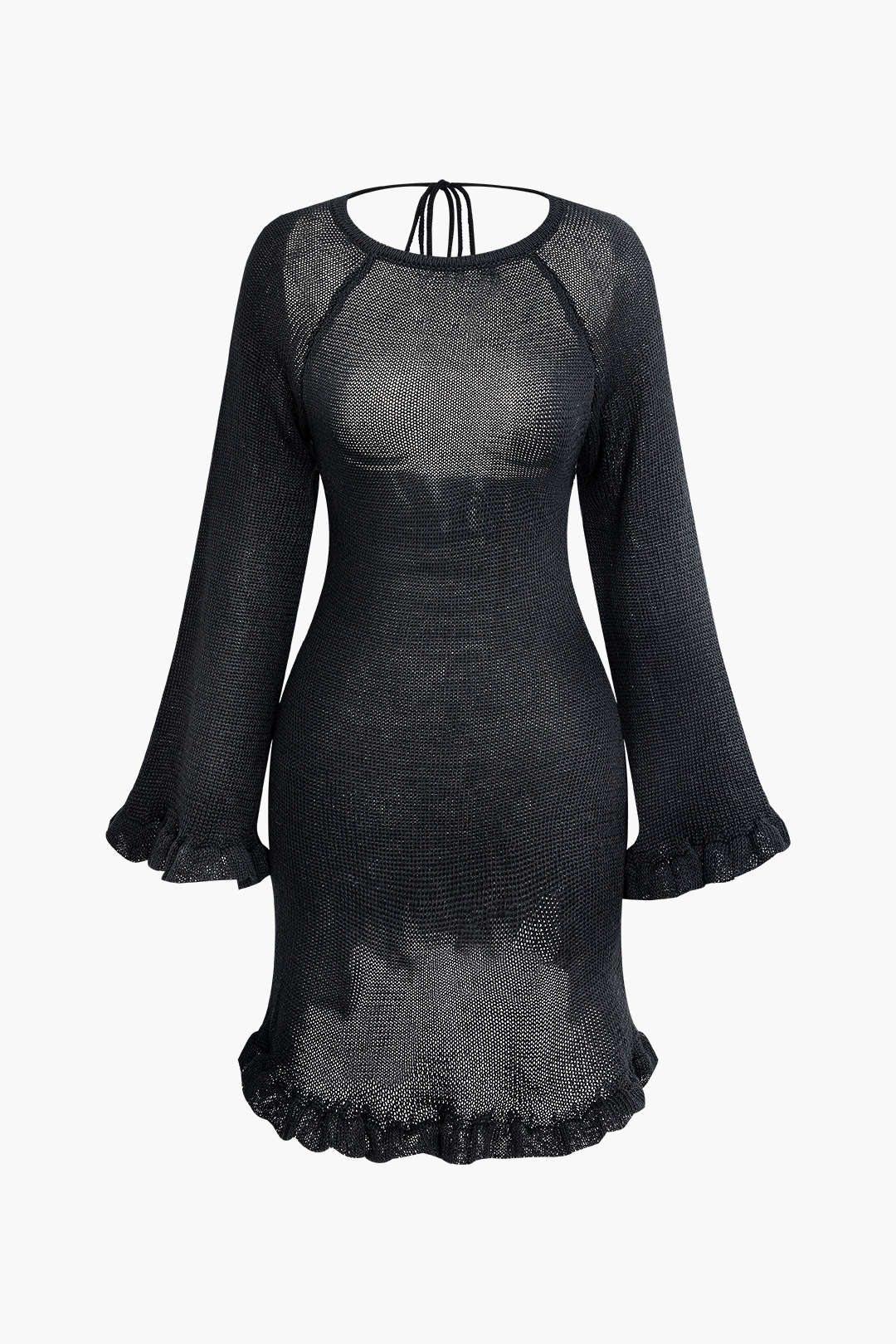 Frill Hem Backless Knit Mini Dress with Tie Bell Sleeves for Y2K Coquette Aesthetic Frill Hem Backless Knit Mini Dress with Tie Bell Sleeves for Y2K Coquette Aesthetic