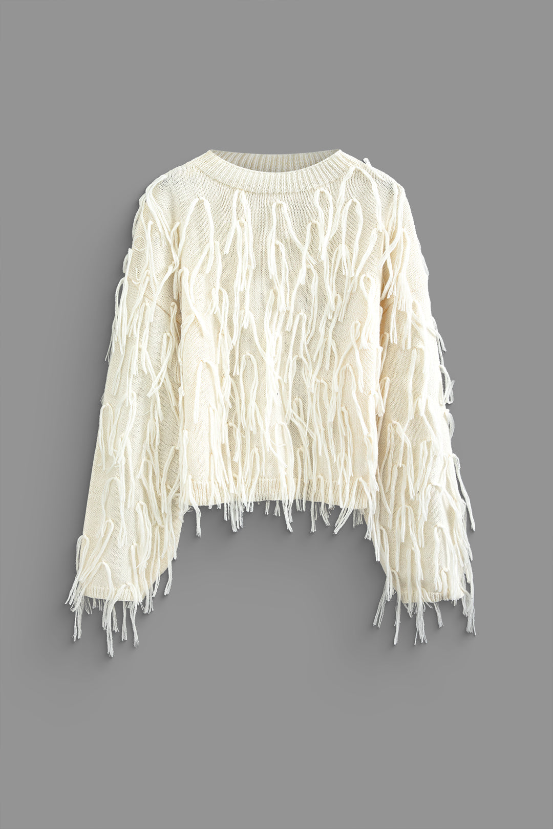 Fringe Detail Round Neck Long Sleeve Knit Top - Y2K Aesthetic Cute Top for Stylish Outfits