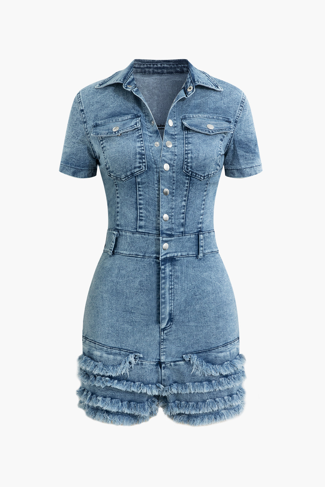 Fringe Flap Pocket Denim Romper - Y2K Aesthetic Outfit for Trendy Fashion Lovers