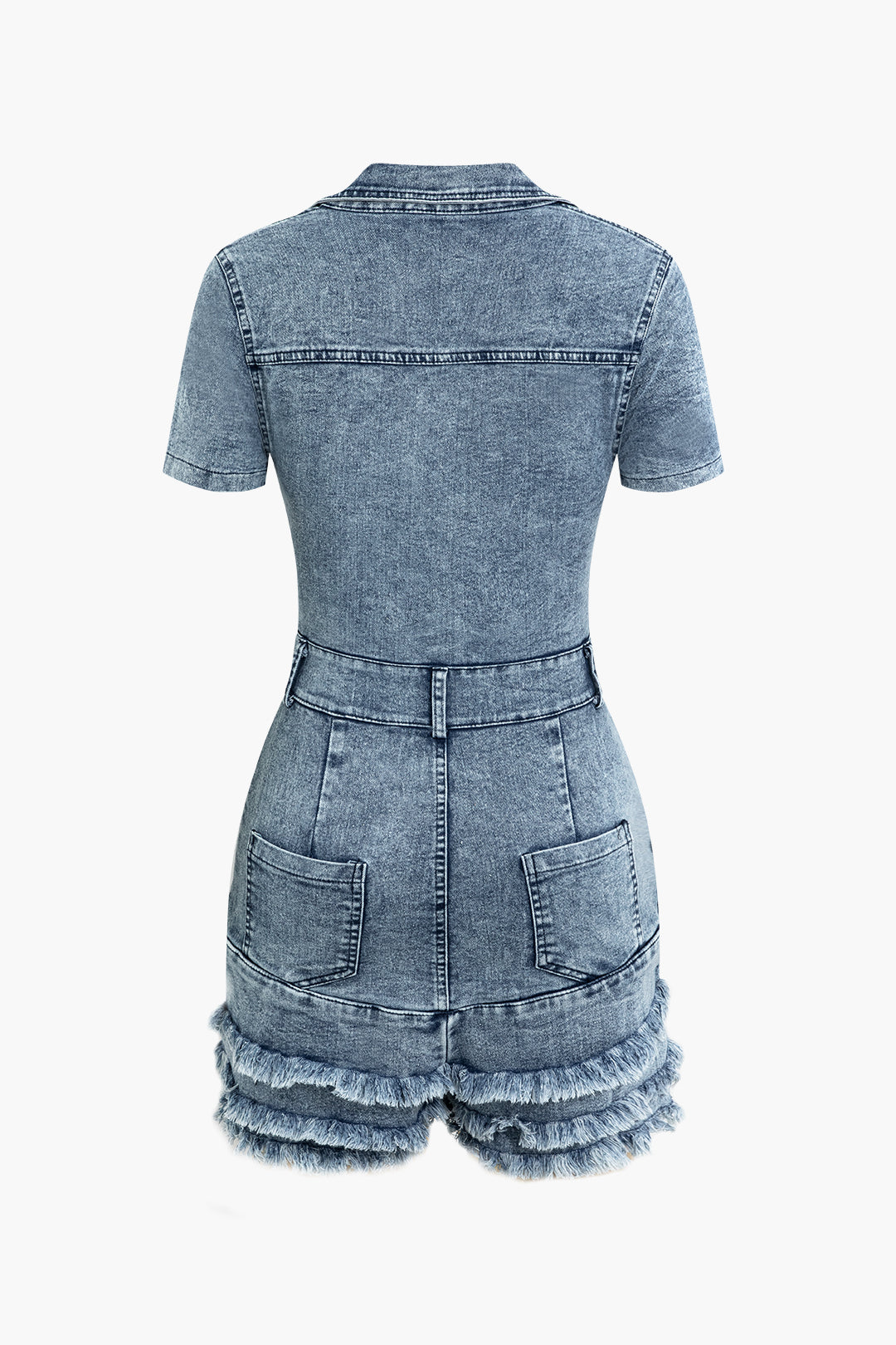 Fringe Flap Pocket Denim Romper - Y2K Aesthetic Outfit for Trendy Fashion Lovers