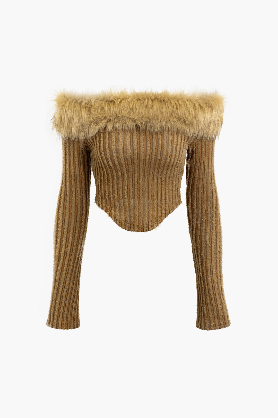 Furry Neckline Off-Shoulder V-Hem Knit Top for Y2K Fashion and Coquette Aesthetic