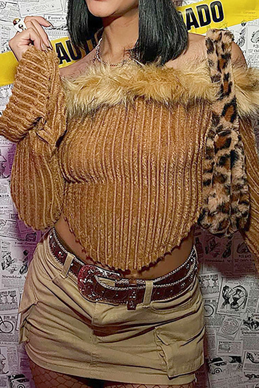 Furry Neckline Off-Shoulder V-Hem Knit Top for Y2K Fashion and Coquette Aesthetic