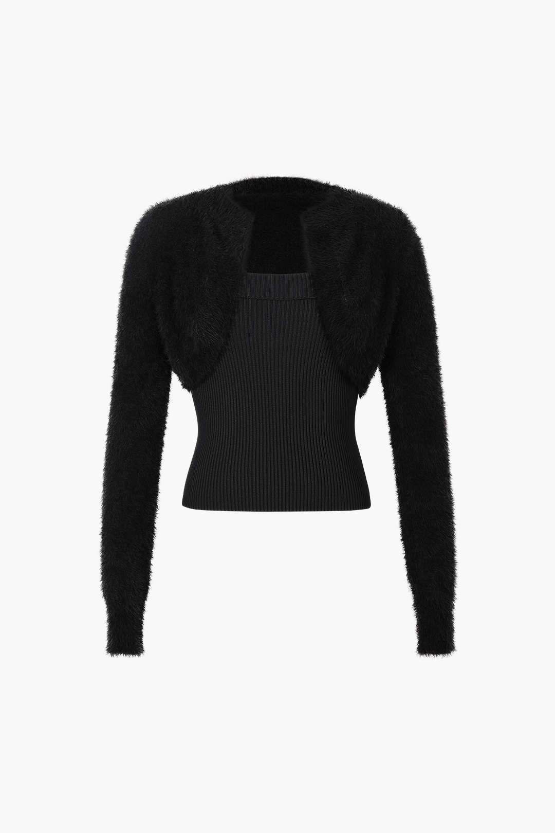 Fuzzy Cropped Shrug and Knit Cami Top Set for Y2K Aesthetic Outfits and Cozy Style
