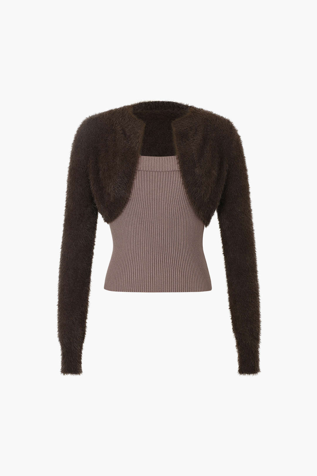 Fuzzy Cropped Shrug and Knit Cami Top Set for Y2K Aesthetic Outfits and Cozy Style