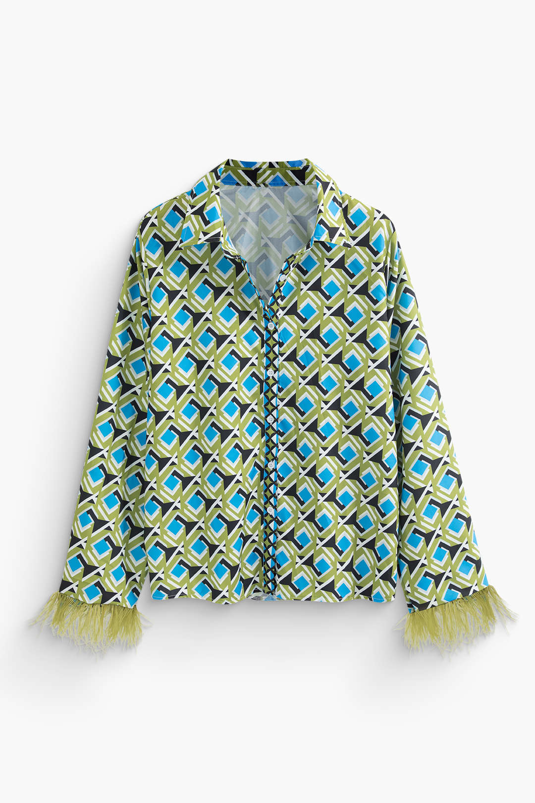 Geometric Print Fringe Cuff Top and Straight Leg Pants Set for Y2K Aesthetic Outfits