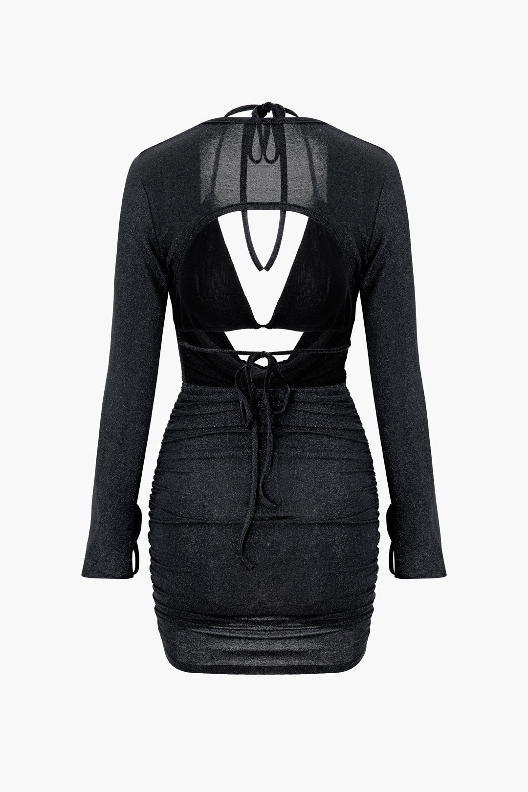 Glittery Halter Bra Top & Cowl Neck Ruched Backless Mini Dress Set for Y2K Aesthetic Glittery Halter Bra Top & Cowl Neck Ruched Backless Mini Dress Set for Y2K Aesthetic