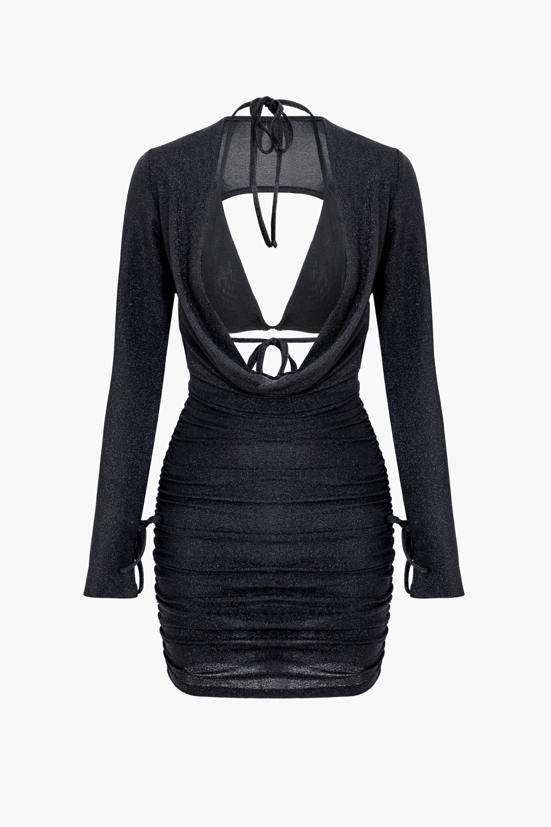 Glittery Halter Bra Top & Cowl Neck Ruched Backless Mini Dress Set for Y2K Aesthetic Glittery Halter Bra Top & Cowl Neck Ruched Backless Mini Dress Set for Y2K Aesthetic