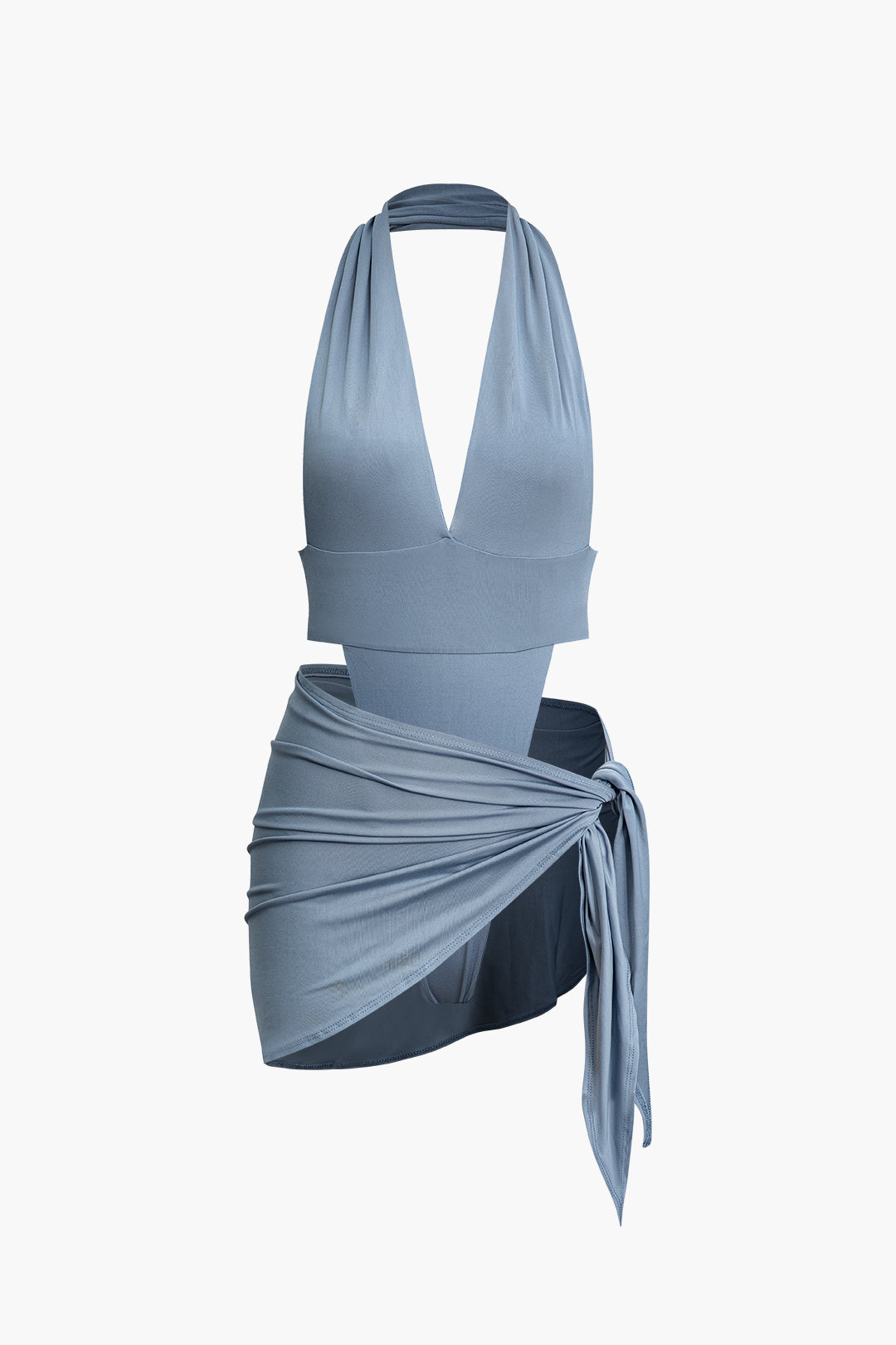 Halter Backless V-Neck Bodysuit with Knot Ruched Skirt Set for Y2K Aesthetic Outfits Halter Backless V-Neck Bodysuit with Knot Ruched Skirt Set for Y2K Aesthetic Outfits