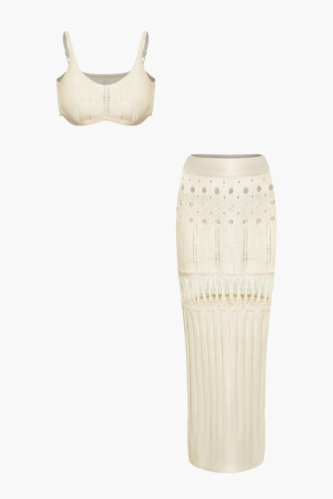 Hollow Out Knit Crop Cami Top & Maxi Skirt Set for Y2K Fashion and Coquette Aesthetic Hollow Out Knit Crop Cami Top & Maxi Skirt Set for Y2K Fashion and Coquette Aesthetic