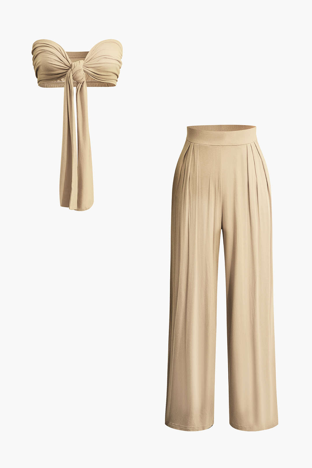 Knot Front Ruched Tube Top with Pleated Wide Leg Pants - Y2K Aesthetic Outfit Set Knot Front Ruched Tube Top with Pleated Wide Leg Pants - Y2K Aesthetic Outfit Set