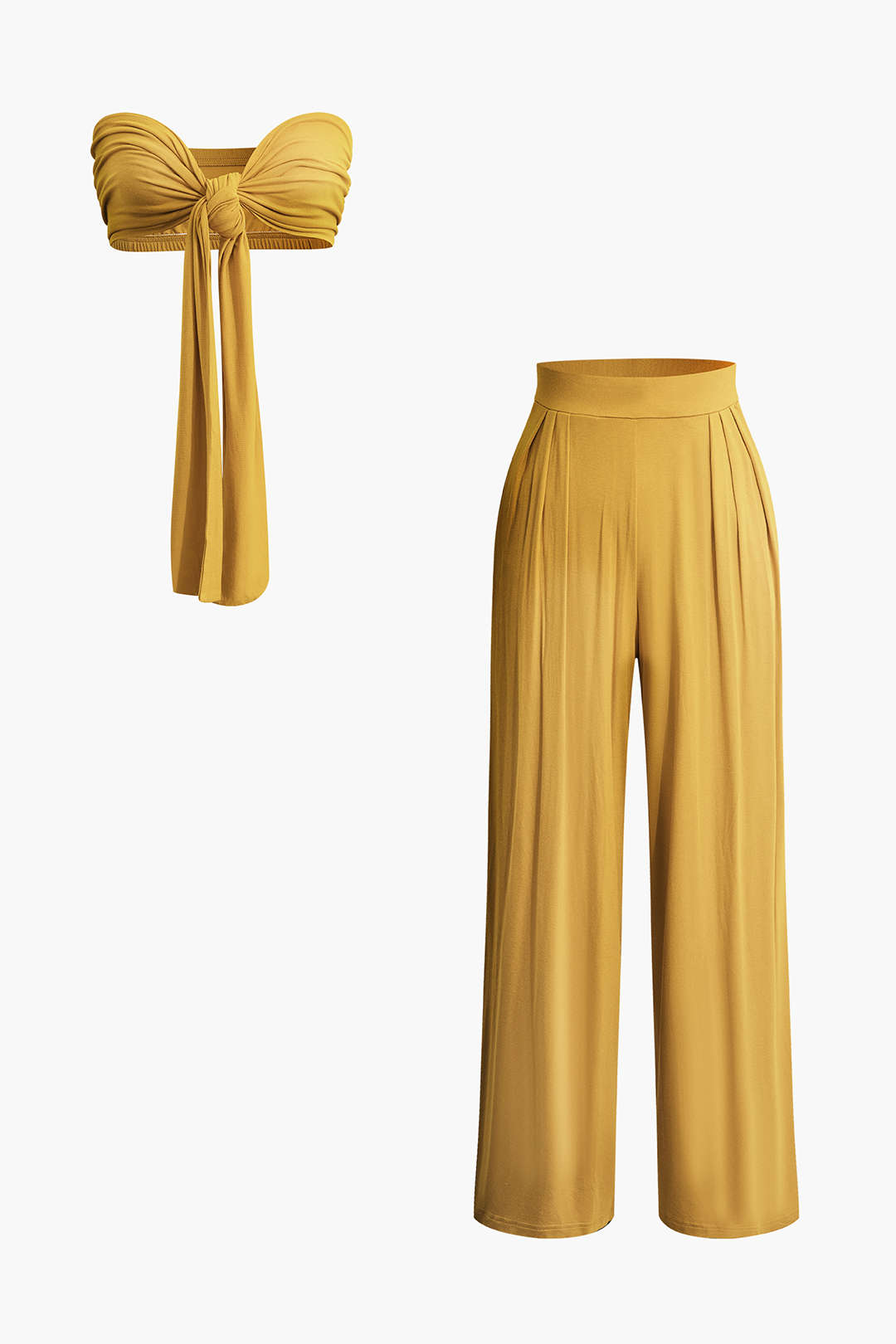 Knot Front Ruched Tube Top with Pleated Wide Leg Pants - Y2K Aesthetic Outfit Set Knot Front Ruched Tube Top with Pleated Wide Leg Pants - Y2K Aesthetic Outfit Set