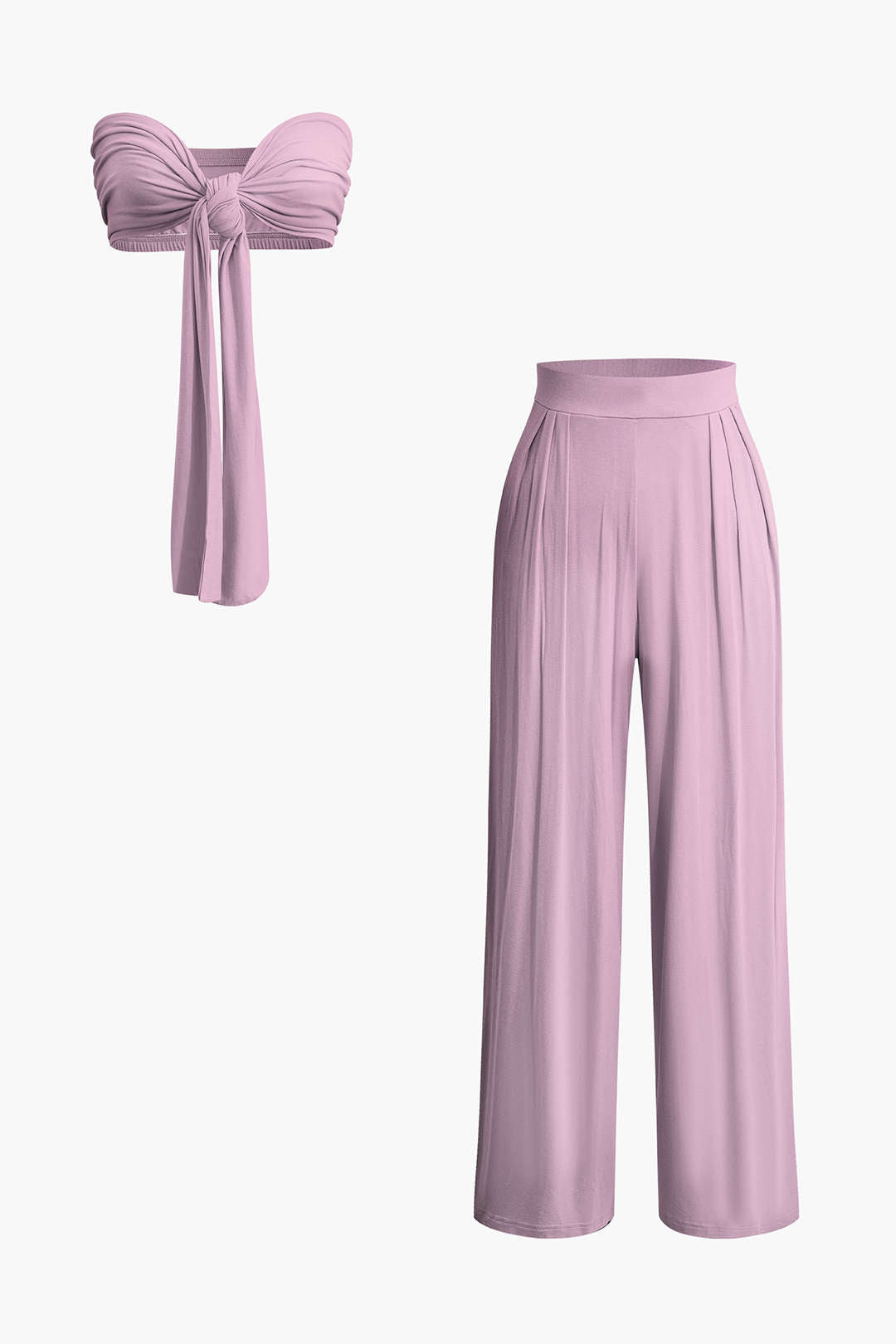 Knot Front Ruched Tube Top with Pleated Wide Leg Pants - Y2K Aesthetic Outfit Set Knot Front Ruched Tube Top with Pleated Wide Leg Pants - Y2K Aesthetic Outfit Set