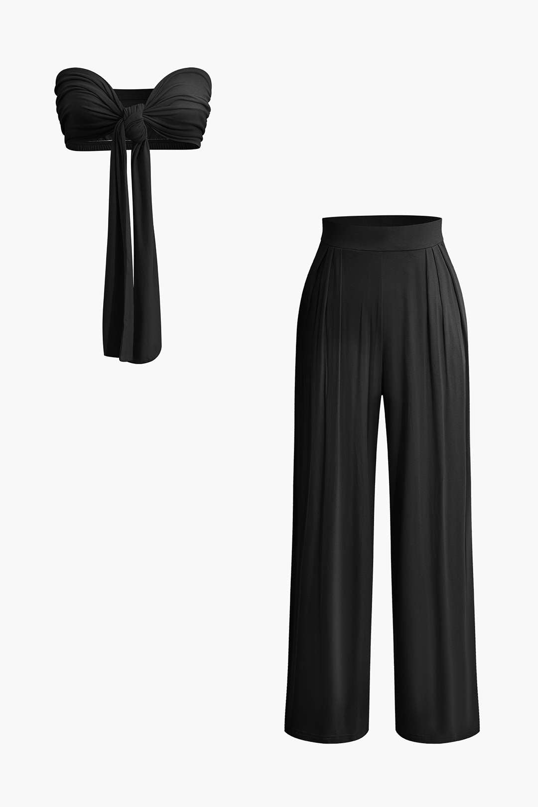 Knot Front Ruched Tube Top with Pleated Wide Leg Pants - Y2K Aesthetic Outfit Set Knot Front Ruched Tube Top with Pleated Wide Leg Pants - Y2K Aesthetic Outfit Set