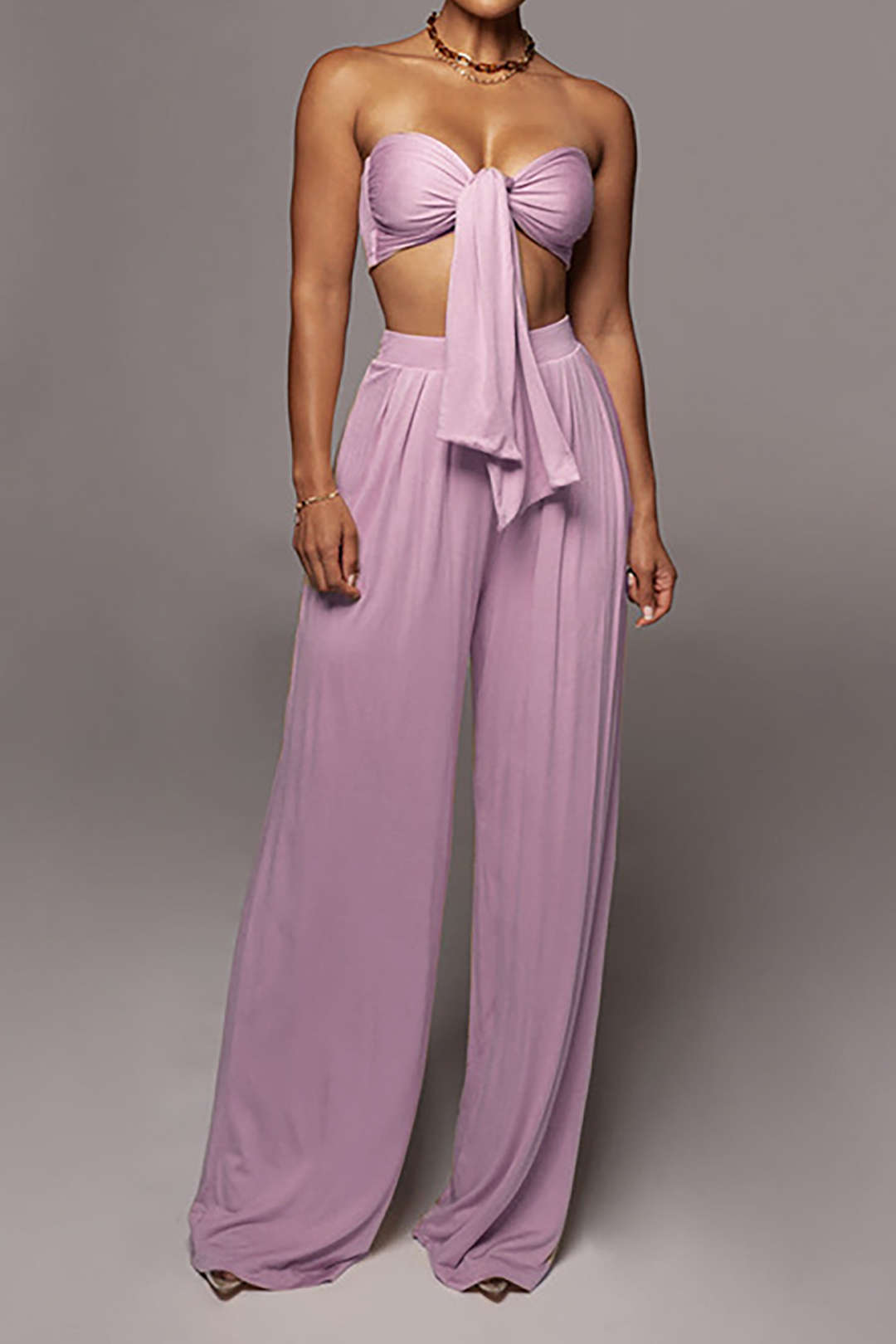Knot Front Ruched Tube Top with Pleated Wide Leg Pants - Y2K Aesthetic Outfit Set Knot Front Ruched Tube Top with Pleated Wide Leg Pants - Y2K Aesthetic Outfit Set