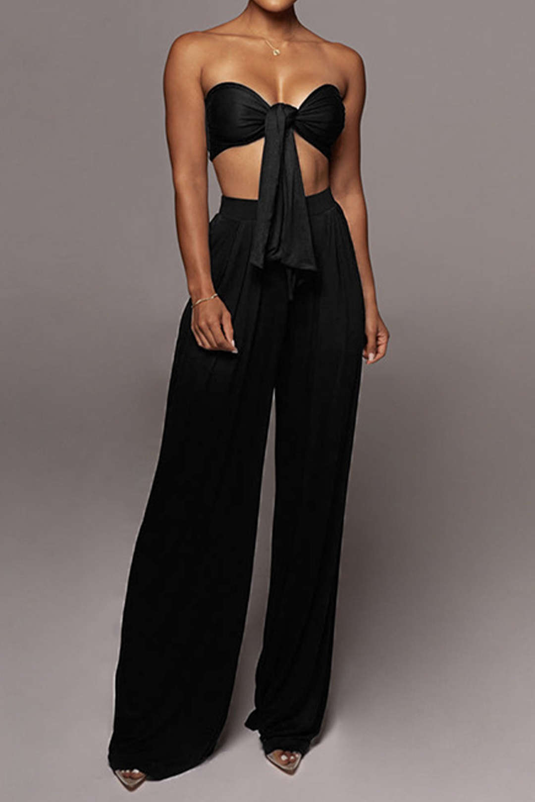 Knot Front Ruched Tube Top with Pleated Wide Leg Pants - Y2K Aesthetic Outfit Set Knot Front Ruched Tube Top with Pleated Wide Leg Pants - Y2K Aesthetic Outfit Set