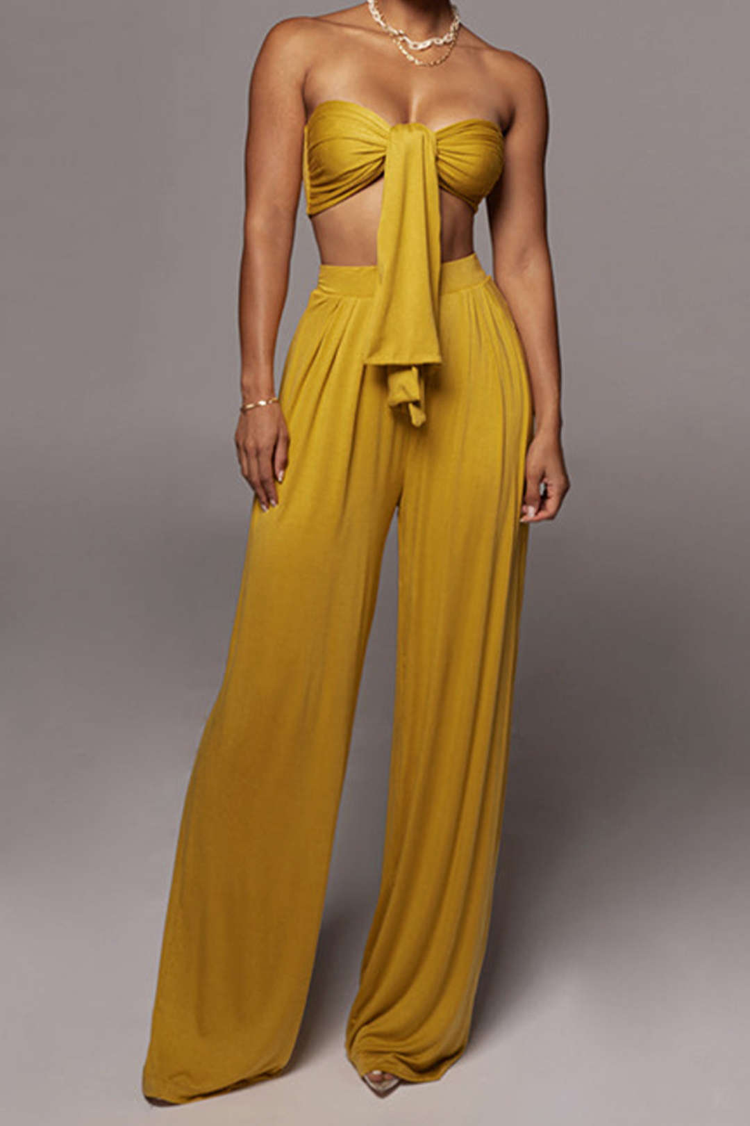 Knot Front Ruched Tube Top with Pleated Wide Leg Pants - Y2K Aesthetic Outfit Set Knot Front Ruched Tube Top with Pleated Wide Leg Pants - Y2K Aesthetic Outfit Set