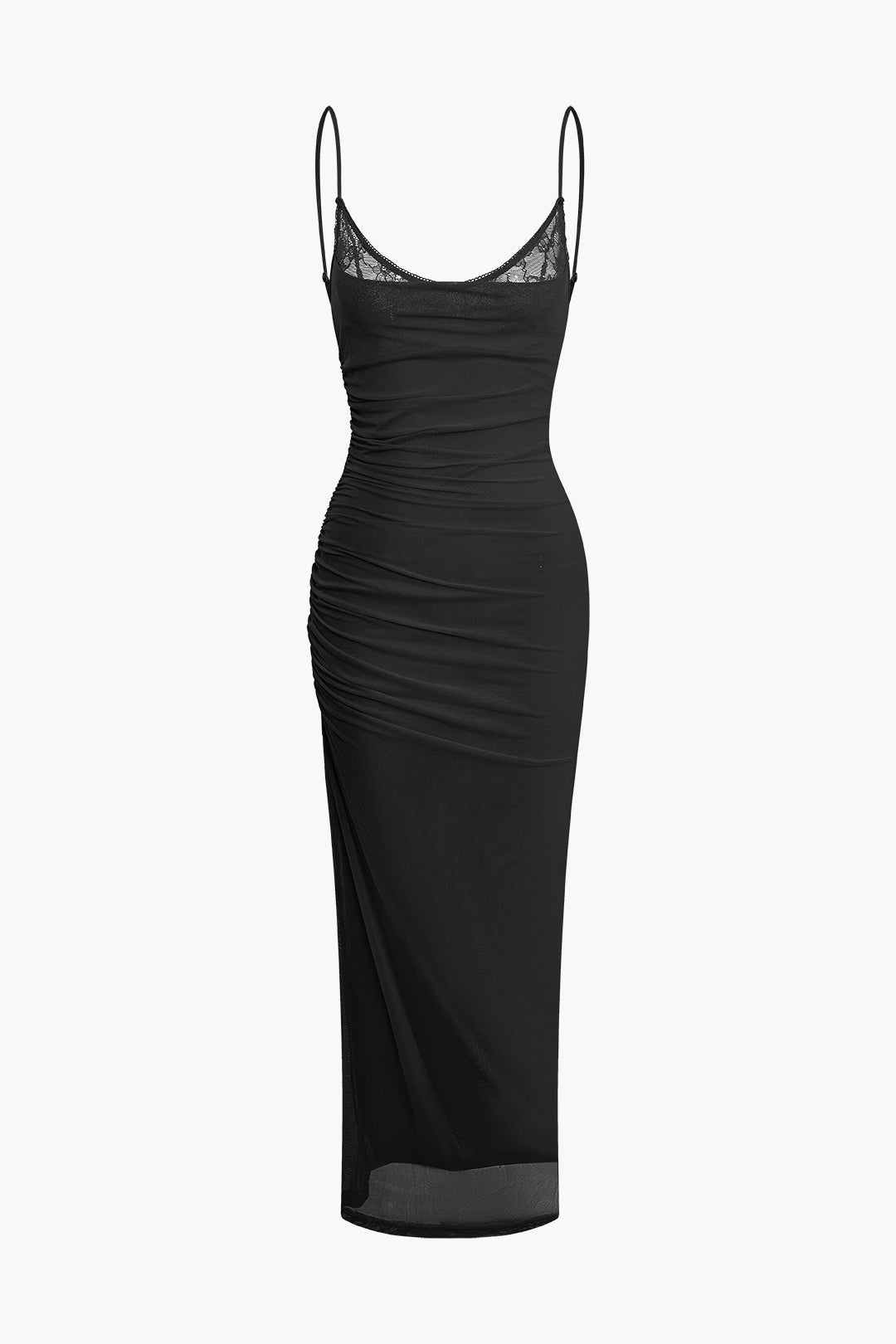Lace Mesh Ruched Slit Maxi Dress for Y2K Aesthetic and Coquette Style Fashion Lace Mesh Ruched Slit Maxi Dress for Y2K Aesthetic and Coquette Style Fashion