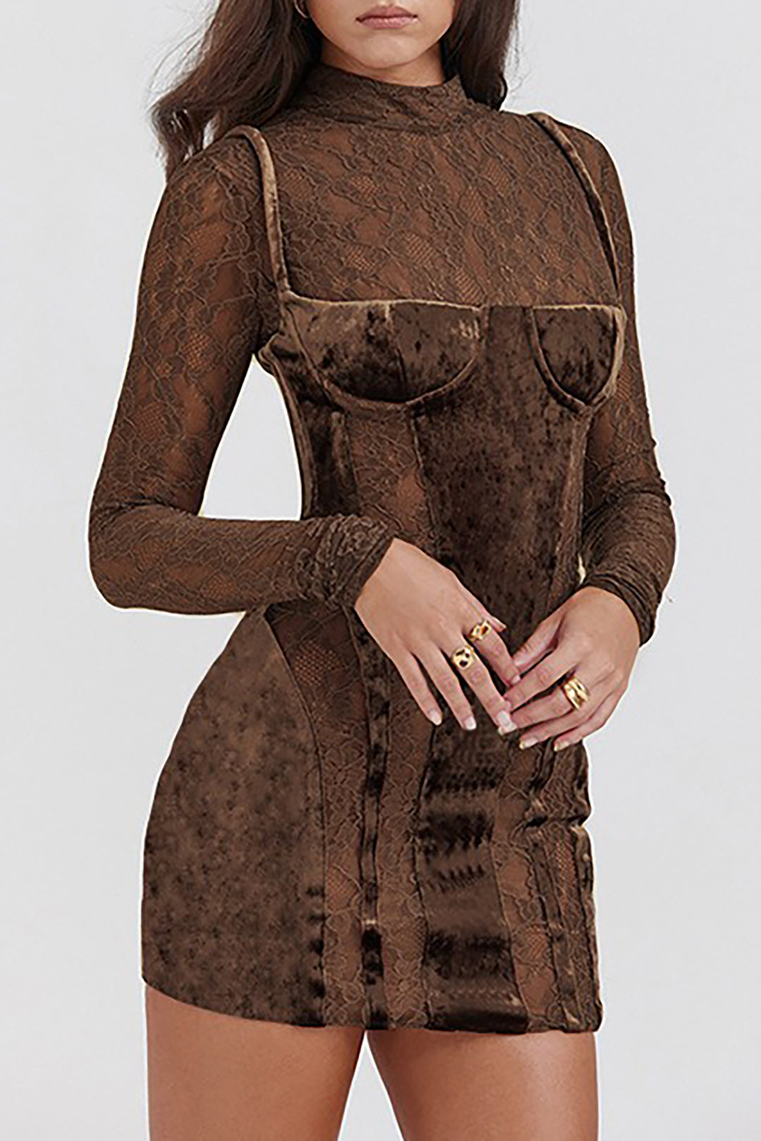 Lace Panel Velvet Mock Neck Long Sleeve Mini Dress for Y2K Aesthetic and Coquette Style Lace Panel Velvet Mock Neck Long Sleeve Mini Dress for Y2K Aesthetic and Coquette Style