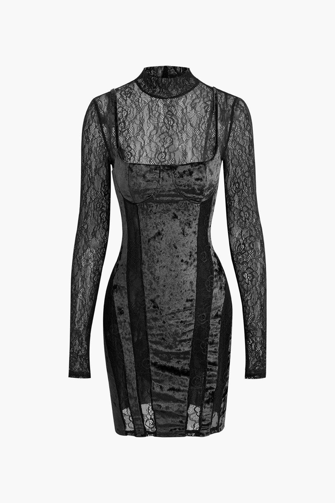 Lace Panel Velvet Mock Neck Long Sleeve Mini Dress for Y2K Aesthetic and Coquette Style Lace Panel Velvet Mock Neck Long Sleeve Mini Dress for Y2K Aesthetic and Coquette Style