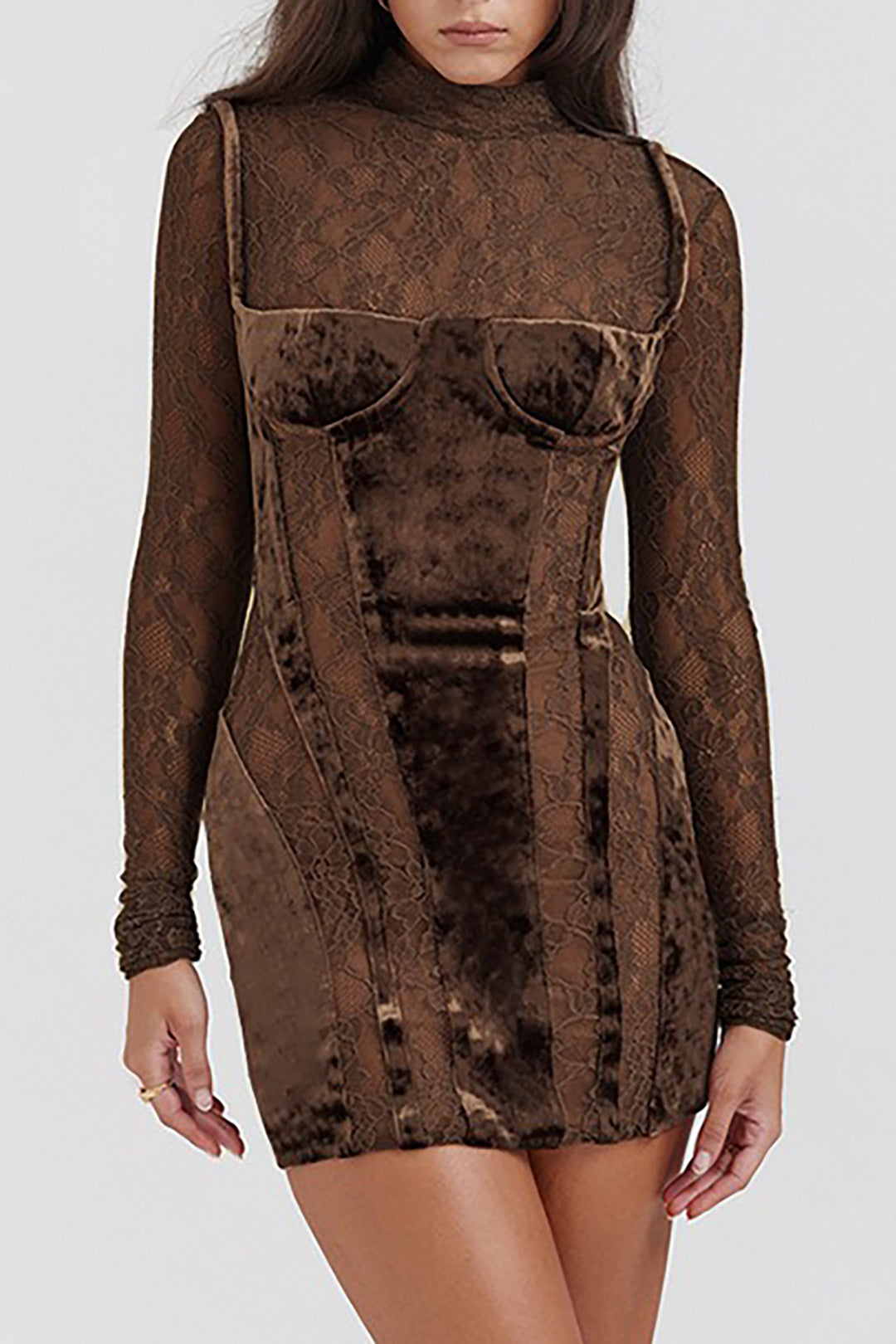 Lace Panel Velvet Mock Neck Long Sleeve Mini Dress for Y2K Aesthetic and Coquette Style Lace Panel Velvet Mock Neck Long Sleeve Mini Dress for Y2K Aesthetic and Coquette Style