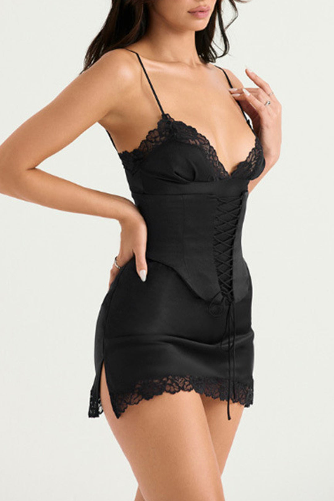 Lace Tie Front V-Neck Cami Mini Dress in Y2K Style for Coquette Aesthetic Outfits Lace Tie Front V-Neck Cami Mini Dress in Y2K Style for Coquette Aesthetic Outfits