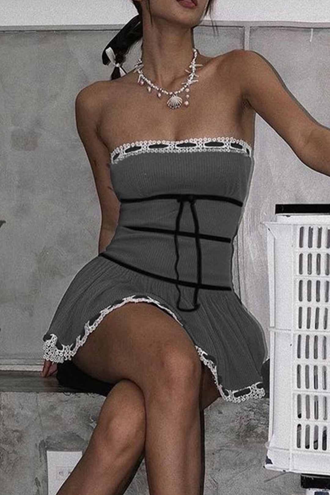 Lace Trim Tie Front Strapless Pleated Mini Dress - Y2K Aesthetic Cute Summer Outfit Lace Trim Tie Front Strapless Pleated Mini Dress - Y2K Aesthetic Cute Summer Outfit