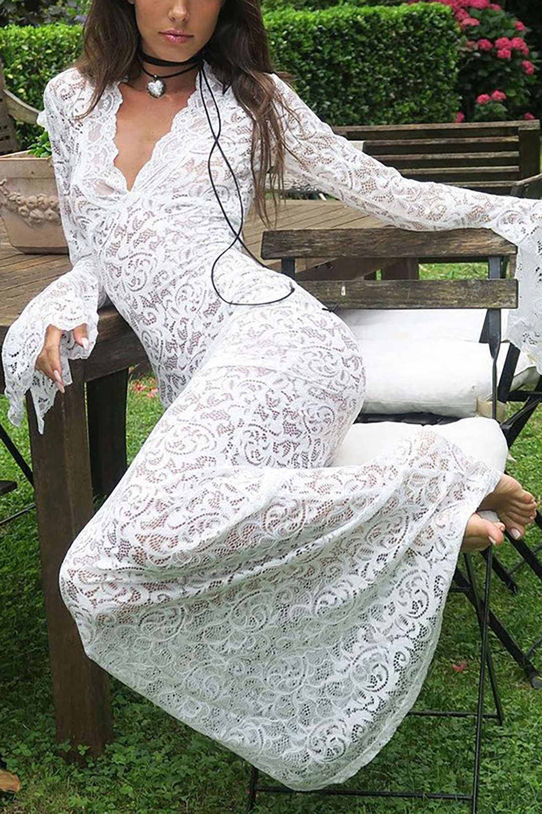 Lace V-Neck Bell Sleeve Maxi Dress - Elegant Y2K Aesthetic for Chic Occasions Lace V-Neck Bell Sleeve Maxi Dress - Elegant Y2K Aesthetic for Chic Occasions