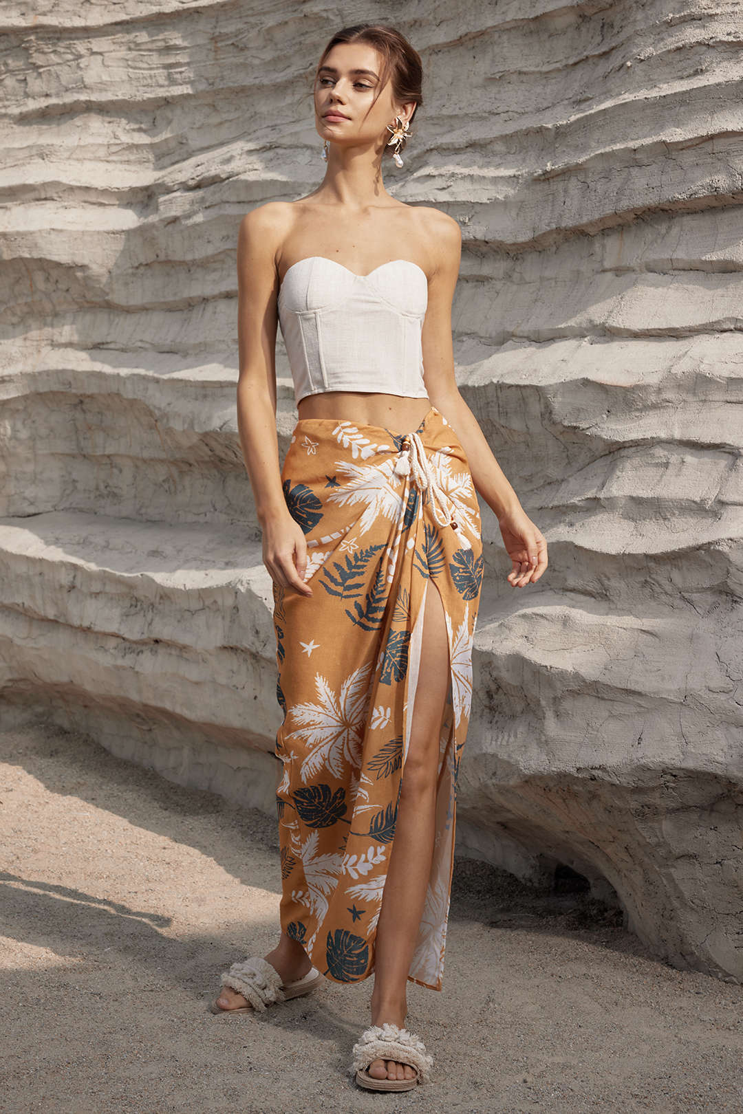 Leaves Print Knot Split Y2K Aesthetic Maxi Skirt - Trendy Cover-Up for Stylish Outfits Leaves Print Knot Split Y2K Aesthetic Maxi Skirt - Trendy Cover-Up for Stylish Outfits