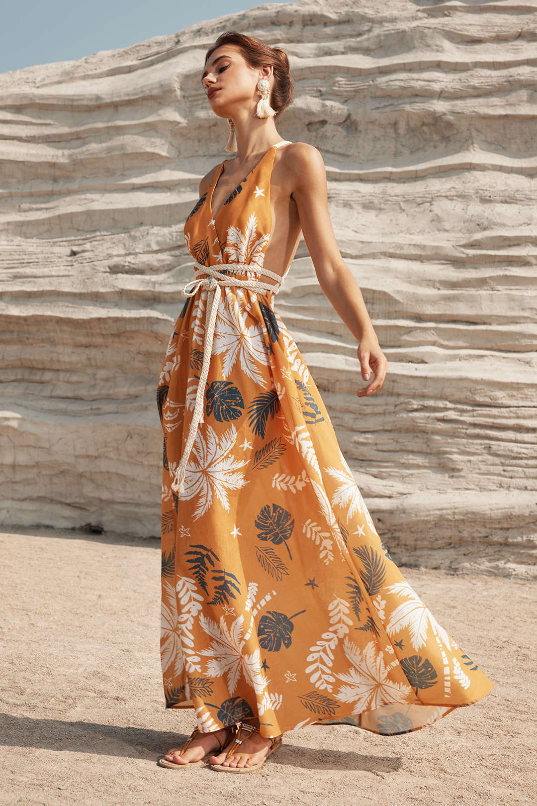 Leaves Print V-neck Backless Maxi Dress with Rope Tie - Y2K Aesthetic Summer Style Leaves Print V-neck Backless Maxi Dress with Rope Tie - Y2K Aesthetic Summer Style