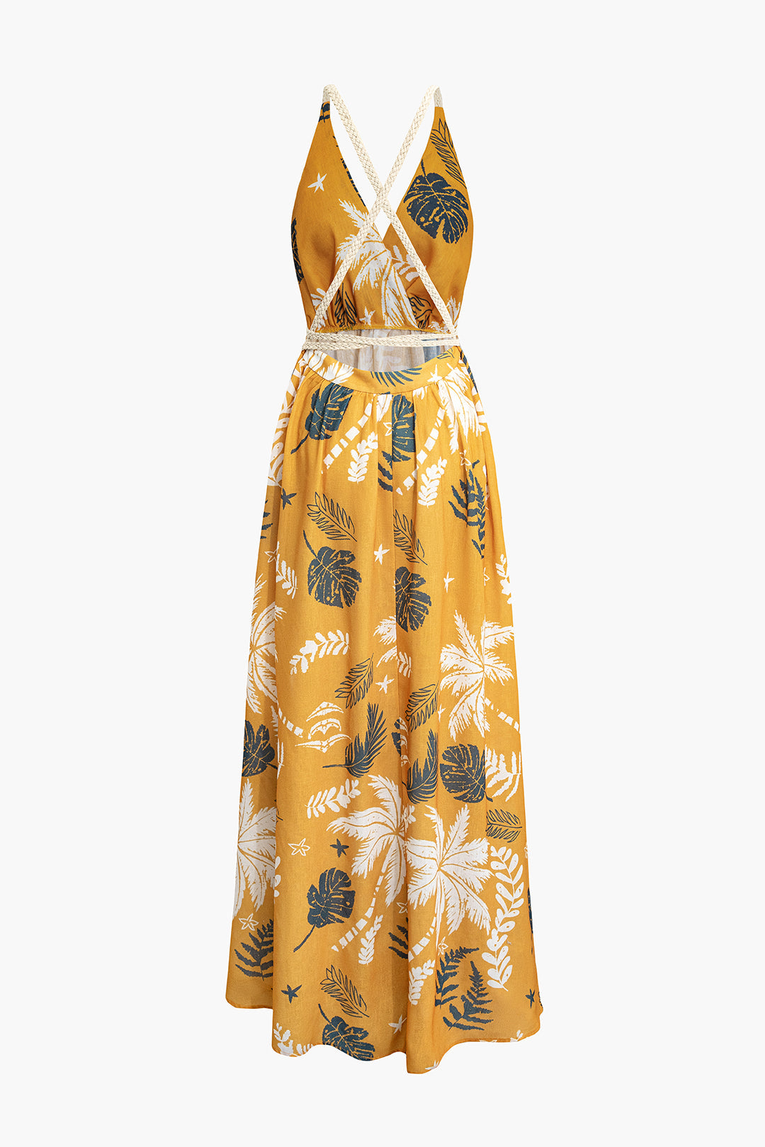 Leaves Print V-neck Backless Maxi Dress with Rope Tie - Y2K Aesthetic Summer Style Leaves Print V-neck Backless Maxi Dress with Rope Tie - Y2K Aesthetic Summer Style