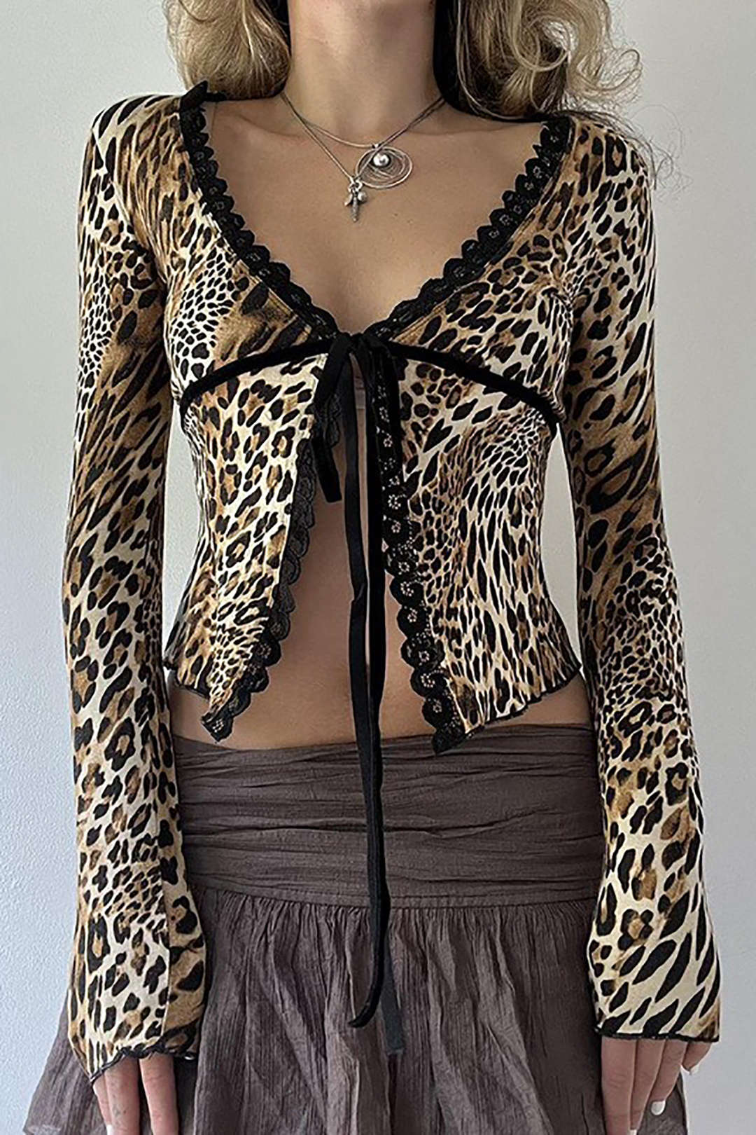 Leopard Print V-Neck Tie Top - Y2K Fashion Statement for Aesthetic Outfits Leopard Print V-Neck Tie Top - Y2K Fashion Statement for Aesthetic Outfits