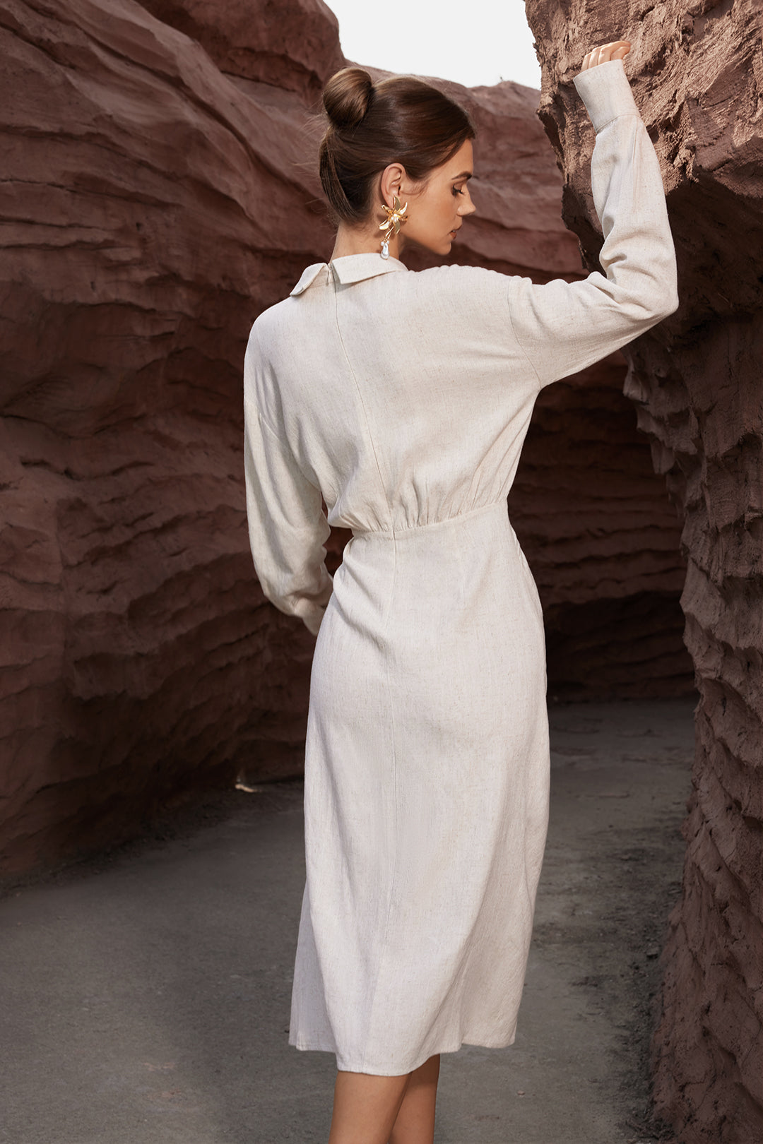 Linen Ruched Button-Up Slit Midi Dress for Y2K Aesthetic and Coquette Style Linen Ruched Button-Up Slit Midi Dress for Y2K Aesthetic and Coquette Style