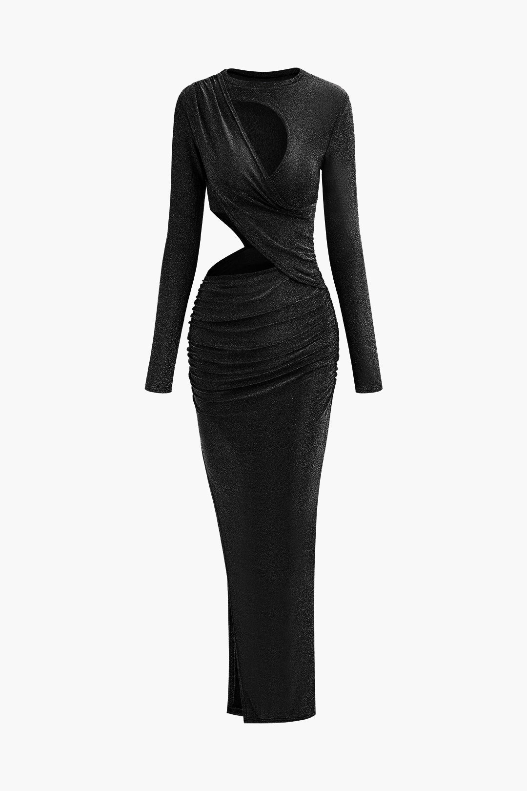 Lurex Asymmetric Cut-Out Long Sleeve Maxi Dress for Y2K Fashion & Coquette Aesthetic Lurex Asymmetric Cut-Out Long Sleeve Maxi Dress for Y2K Fashion & Coquette Aesthetic