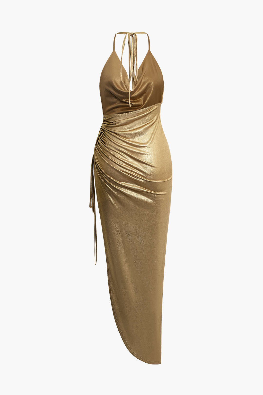 Metallic Asymmetrical Ruched Halter Midi Dress for Y2K Fashion and Coquette Aesthetic Metallic Asymmetrical Ruched Halter Midi Dress for Y2K Fashion and Coquette Aesthetic