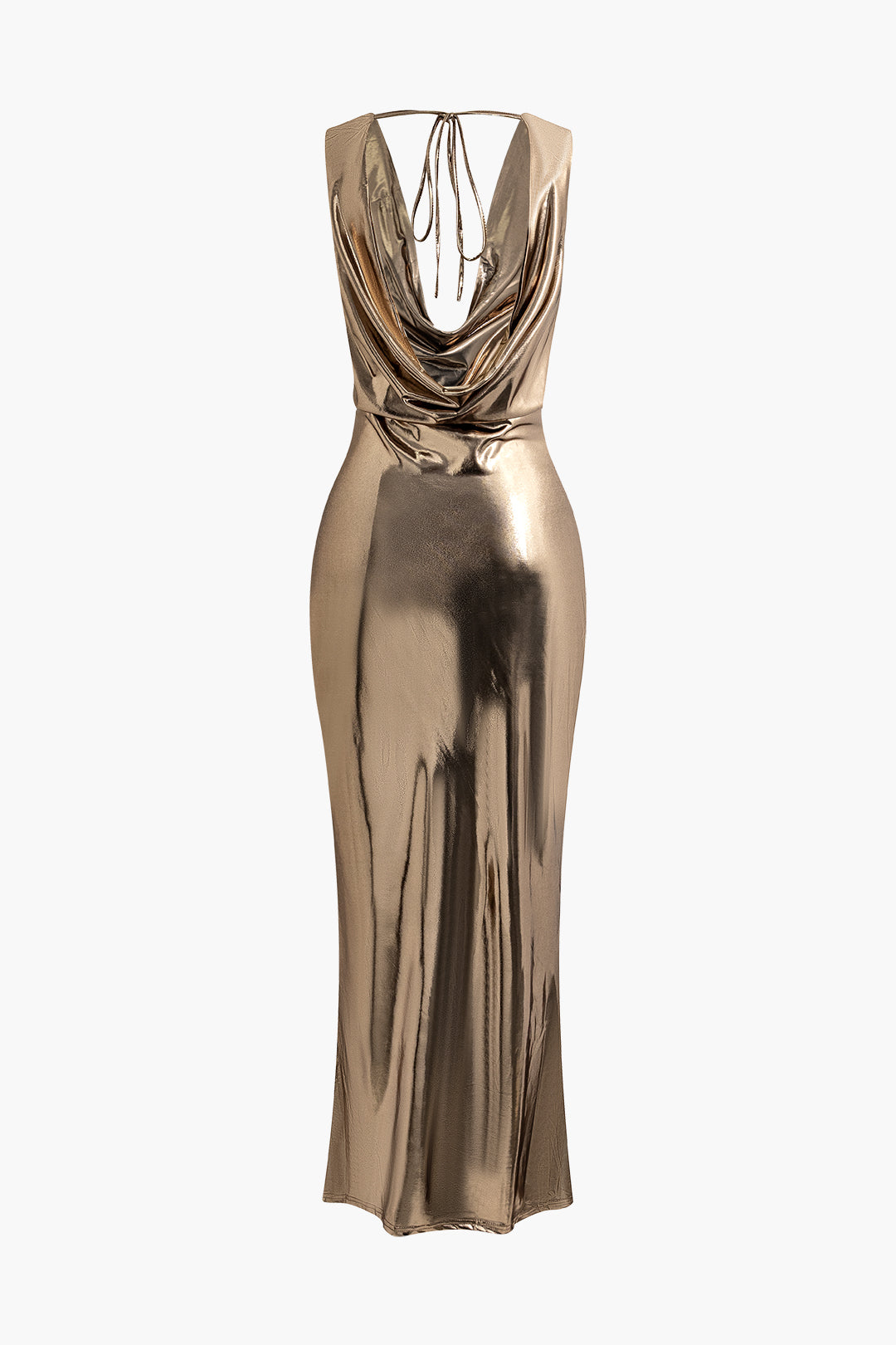 Metallic Cowl Neck Backless Sleeveless Maxi Dress - Y2K Aesthetic Evening Gown Metallic Cowl Neck Backless Sleeveless Maxi Dress - Y2K Aesthetic Evening Gown