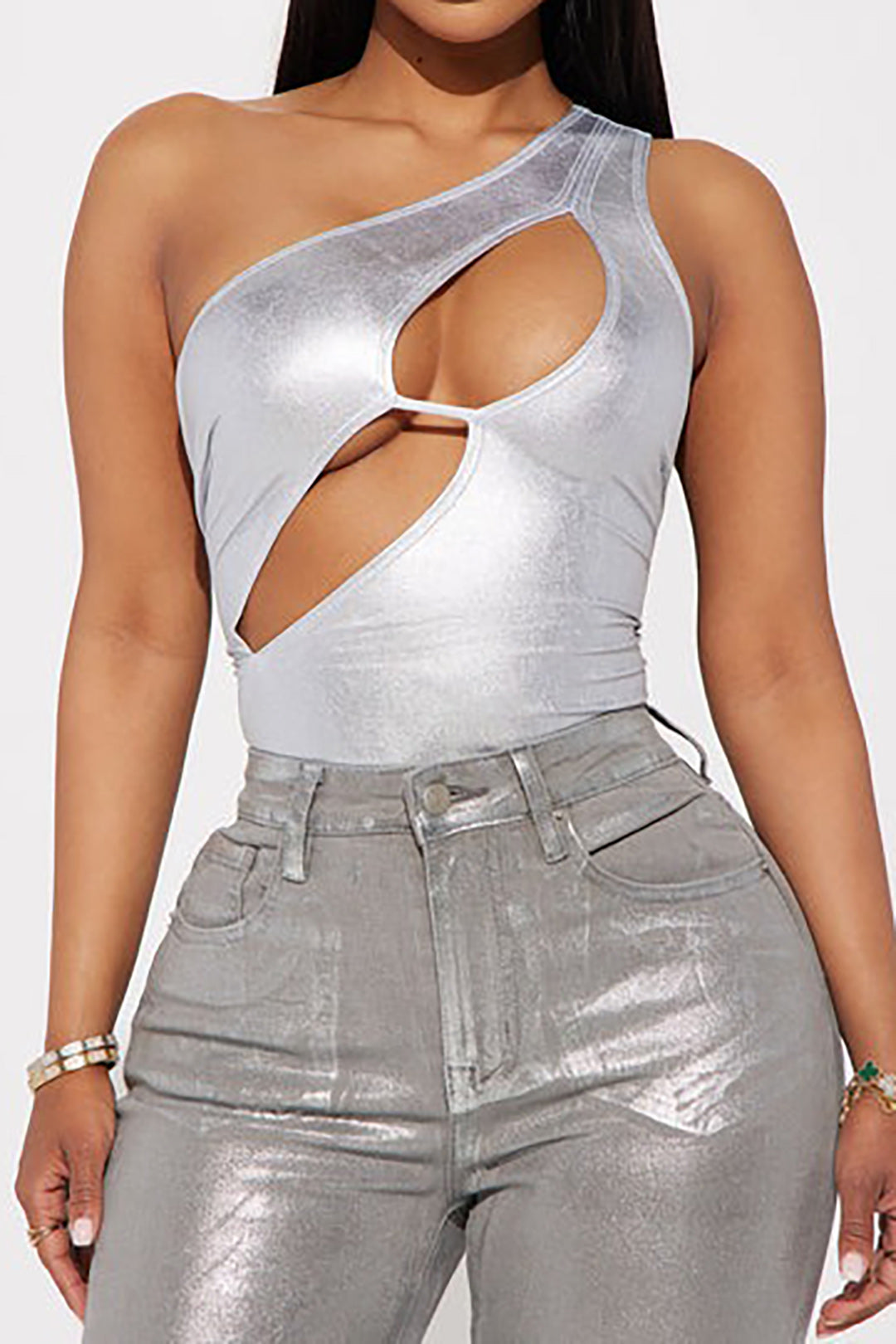 Metallic Cut Out One Shoulder Bodysuit - Y2K Aesthetic Fashion Statement Top