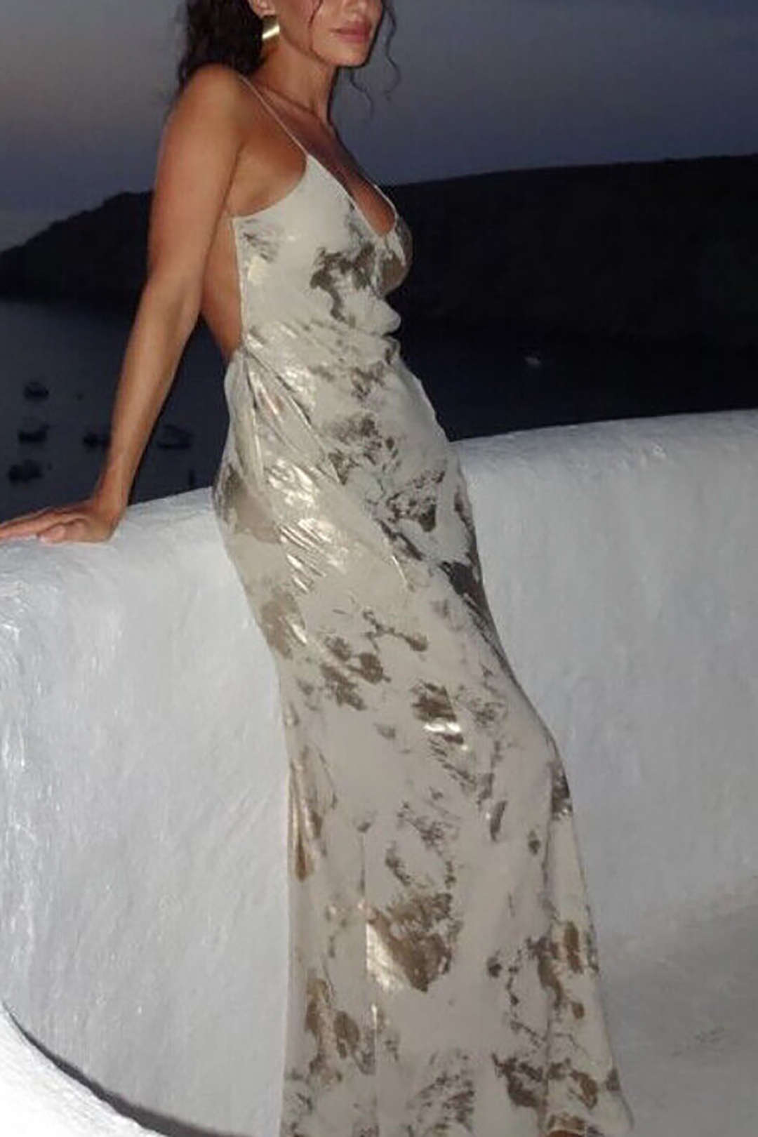 Metallic Print V-neck Backless Slip Maxi Dress for Y2K Aesthetic and Coquette Style Metallic Print V-neck Backless Slip Maxi Dress for Y2K Aesthetic and Coquette Style