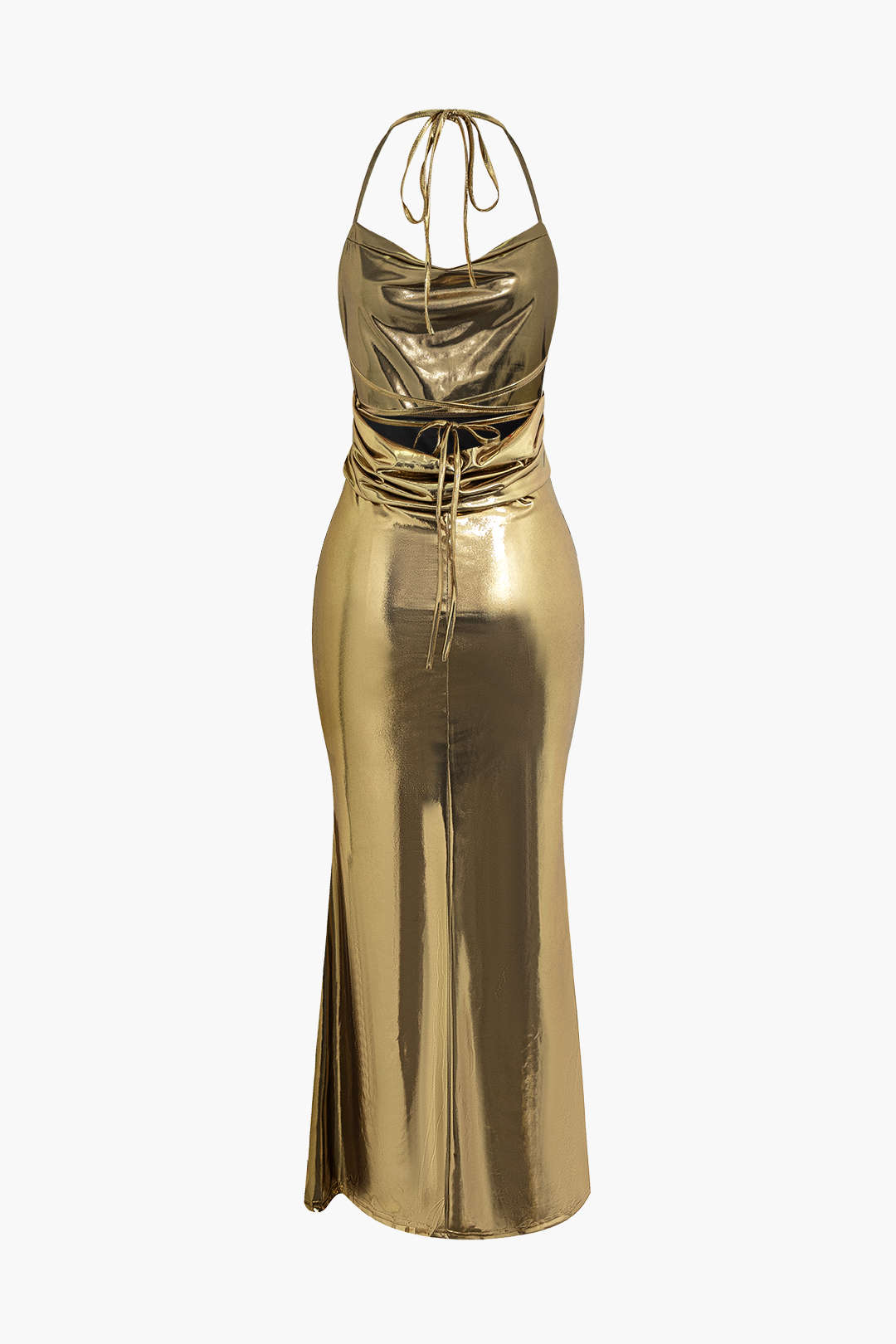 Metallic Tie Halter Cowl Neck Backless Maxi Dress for Y2K Fashion and Coquette Aesthetic Metallic Tie Halter Cowl Neck Backless Maxi Dress for Y2K Fashion and Coquette Aesthetic