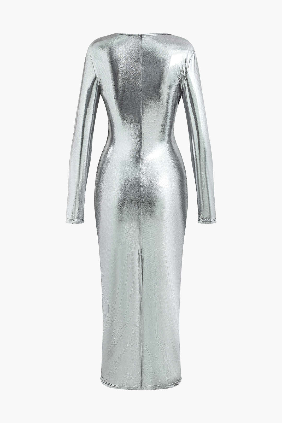 Metallic Twist Ruched V-Neck Zipper Long Sleeve Midi Dress for Y2K Aesthetic Fashion Metallic Twist Ruched V-Neck Zipper Long Sleeve Midi Dress for Y2K Aesthetic Fashion