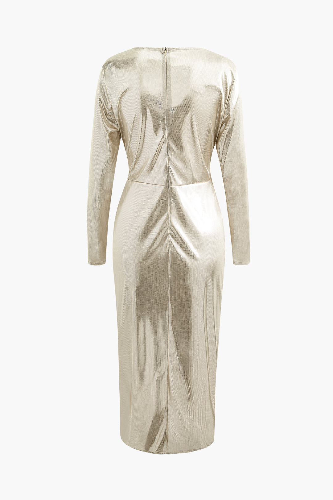 Metallic V-Neck Ruched Midi Dress with Knot Detail - Y2K Fashion Statement Piece Metallic V-Neck Ruched Midi Dress with Knot Detail - Y2K Fashion Statement Piece