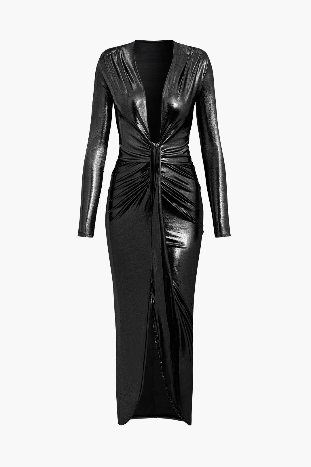Metallic V-Neck Ruched Slit Wrap Maxi Dress for Y2K Fashion and Coquette Aesthetic Looks Metallic V-Neck Ruched Slit Wrap Maxi Dress for Y2K Fashion and Coquette Aesthetic Looks