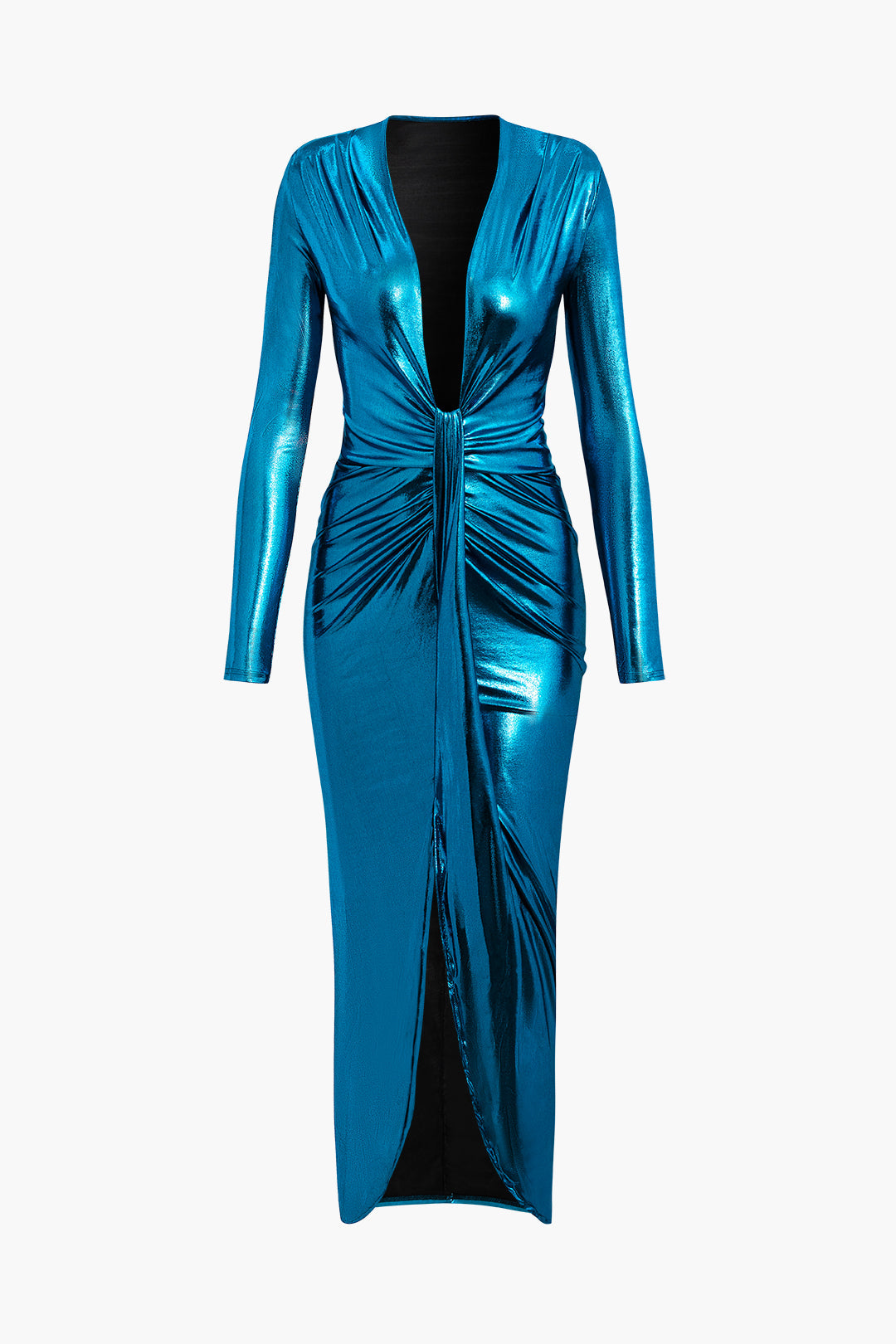 Metallic V-Neck Ruched Slit Wrap Maxi Dress for Y2K Fashion and Coquette Aesthetic Looks Metallic V-Neck Ruched Slit Wrap Maxi Dress for Y2K Fashion and Coquette Aesthetic Looks