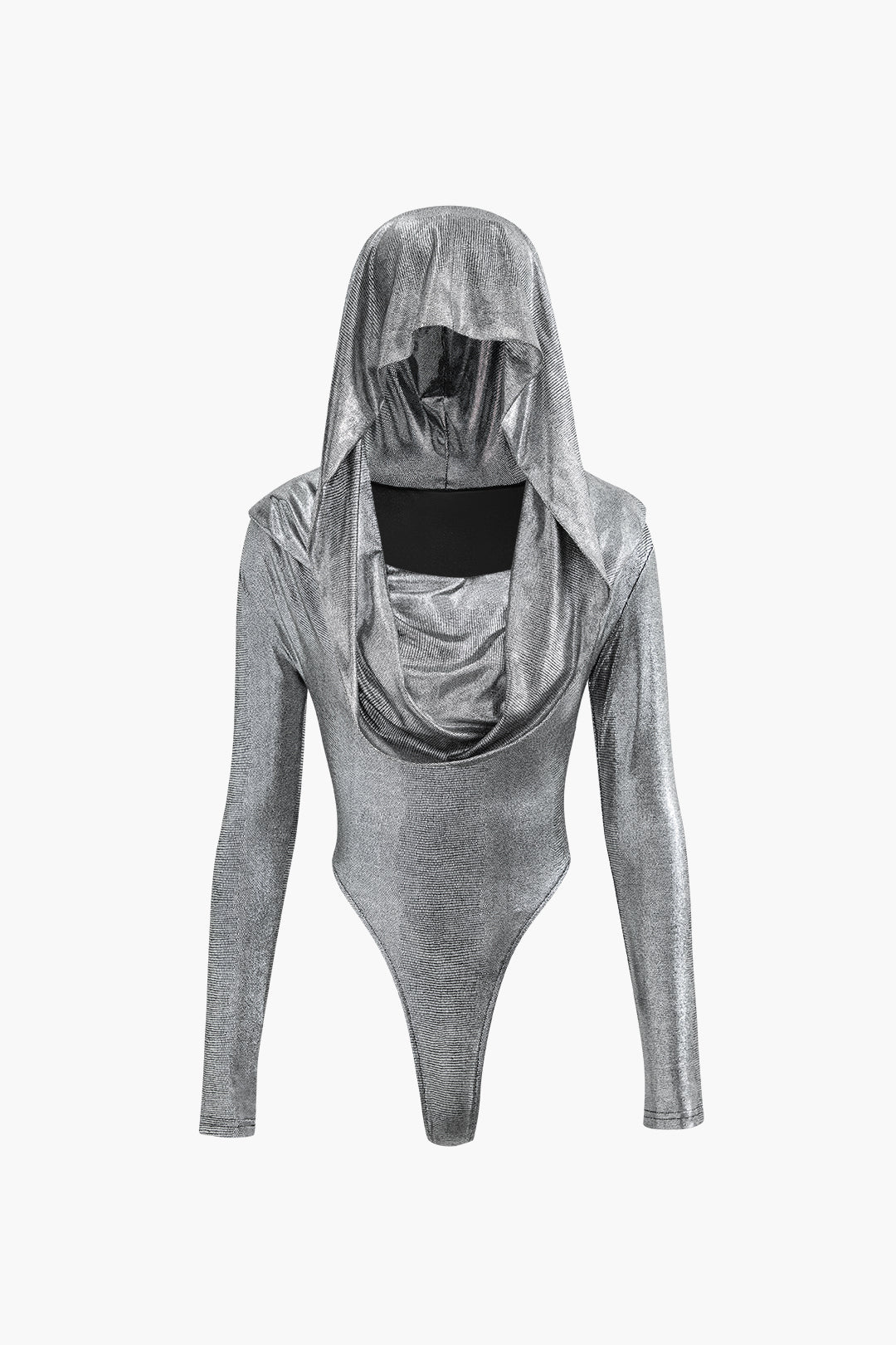 Metallic Y2K Hooded Long Sleeve Bodysuit for Trendy Coquette and Grunge Aesthetic Outfits