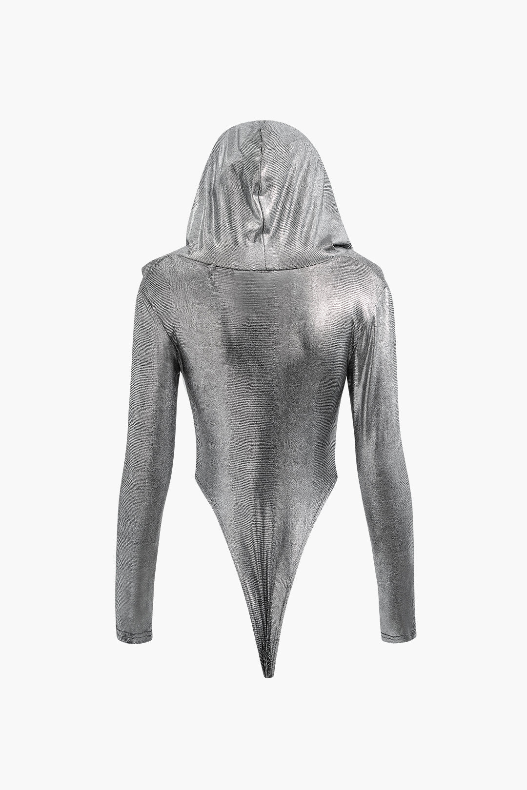 Metallic Y2K Hooded Long Sleeve Bodysuit for Trendy Coquette and Grunge Aesthetic Outfits